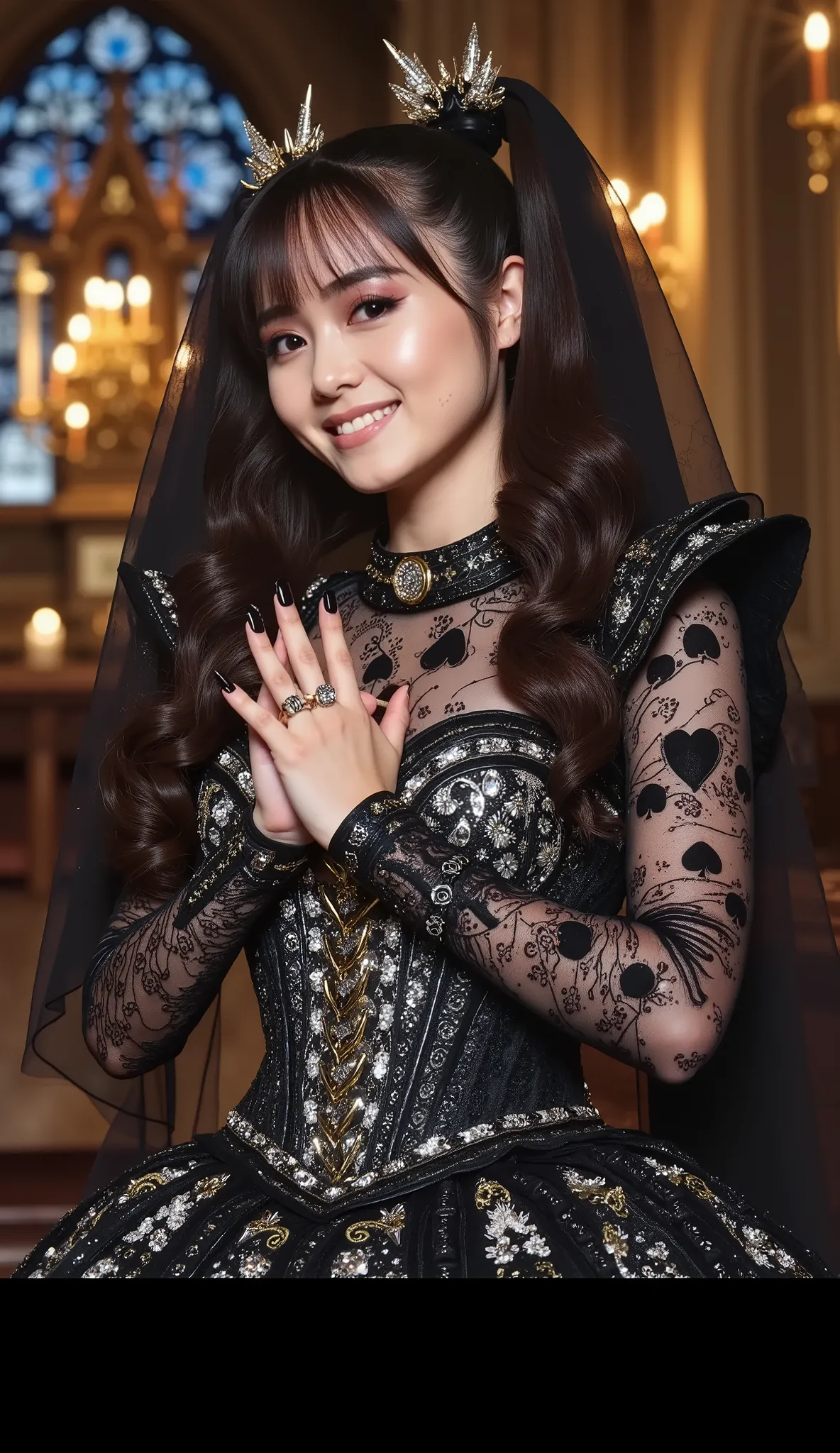 Ultra-high-resolution close-up (100mm macro lens, f/1.4) of a stunning bride (voluptuous hourglass figure) in a jaw-dropping Swarovski crystal-encrusted wedding gown, the delicate lace patterns subtly forming 'Ace of Spades' motifs across the bodice and sl...