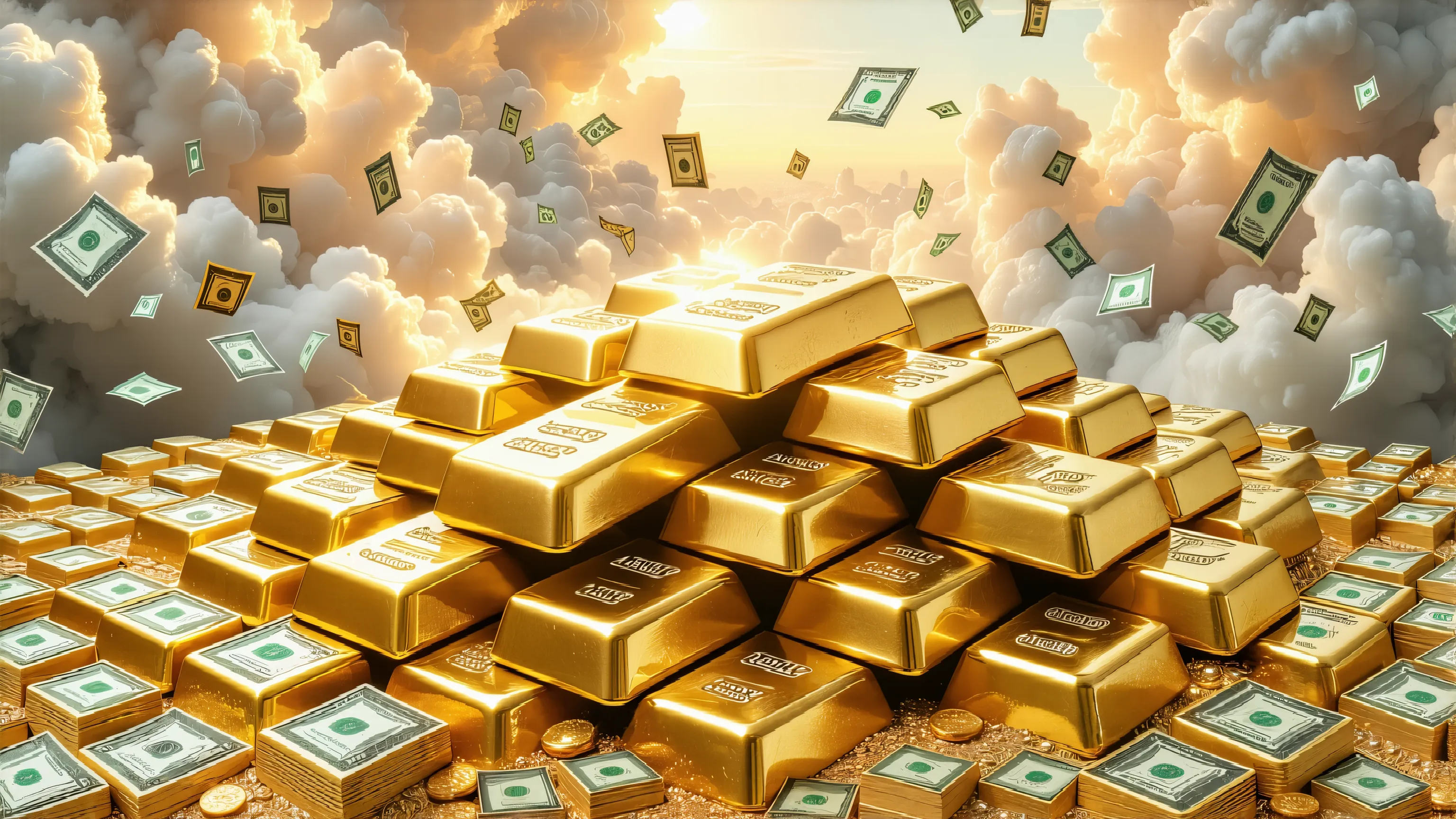 A heavenly room atmosphere of sky with white clouds with several stacks of realistic 24k gold bars with thousands of realistic dollars falling from above in the air ultra realistic all over the walls are piled up to the top piles of 24k, gold bars have man...