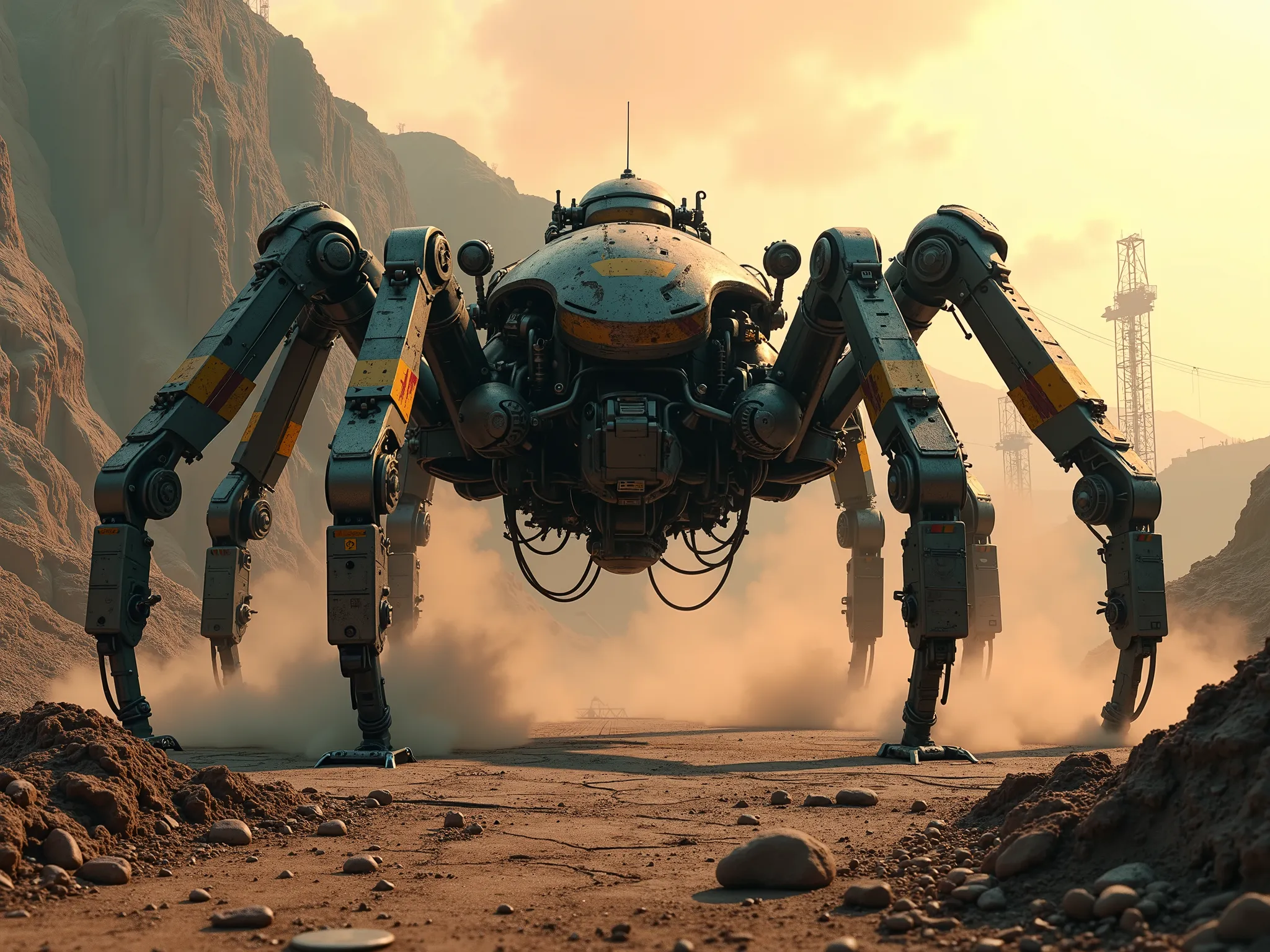 (In the style of ck-mgs, cksc, a_skynet_cyberdyne_craft) — ultra-detailed sci-fi cinematic scene, 8K digital painting, hyper-realistic.
Foreground: cracked soil, scattered metal debris, oil-stained rubble. Dust particles shimmer in low sunlight, creating l...