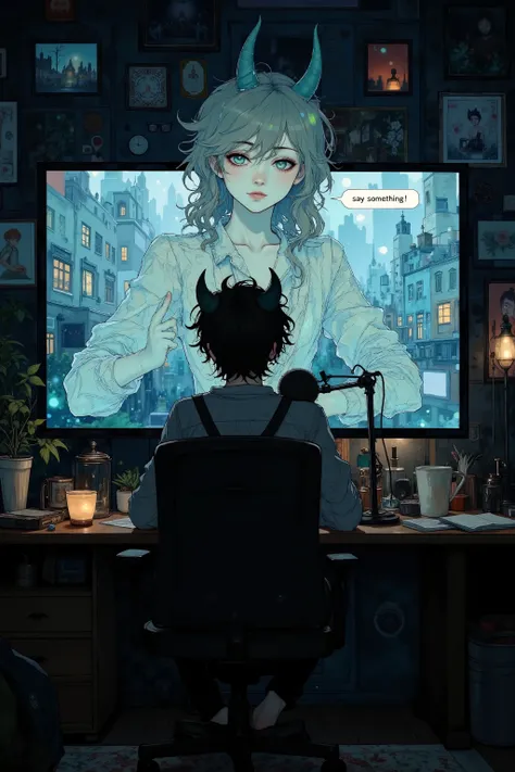 a modern demon lord vtuber sitting in a streaming room, in front of a glowing monitor and microphone, frozen with a blank face, comment stream visible on the screen saying “say something!” and “cute”, soft light from screen illuminating his nervous express...