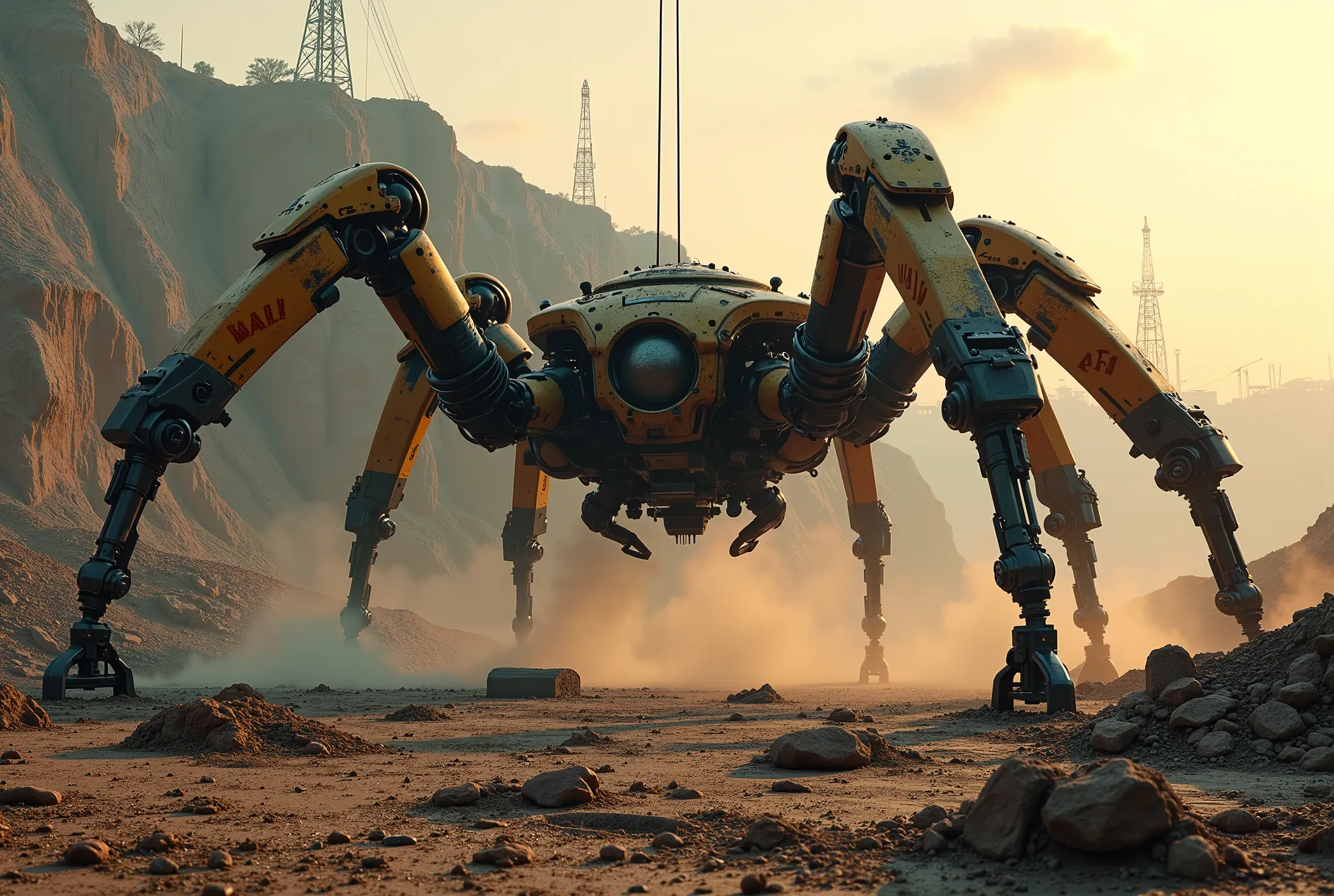 (In the style of ck-mgs, cksc, a_skynet_cyberdyne_craft) — ultra-detailed sci-fi cinematic scene, 8K digital painting, hyper-realistic.
Foreground: cracked soil, scattered metal debris, oil-stained rubble. Dust particles shimmer in low sunlight, creating l...