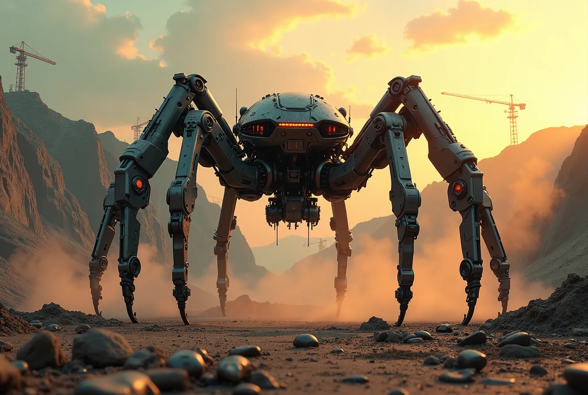 (In the style of ck-mgs, cksc, a_skynet_cyberdyne_craft) — ultra-detailed sci-fi cinematic scene, 8K digital painting, hyper-realistic.
Foreground: cracked soil, scattered metal debris, oil-stained rubble. Dust particles shimmer in low sunlight, creating l...