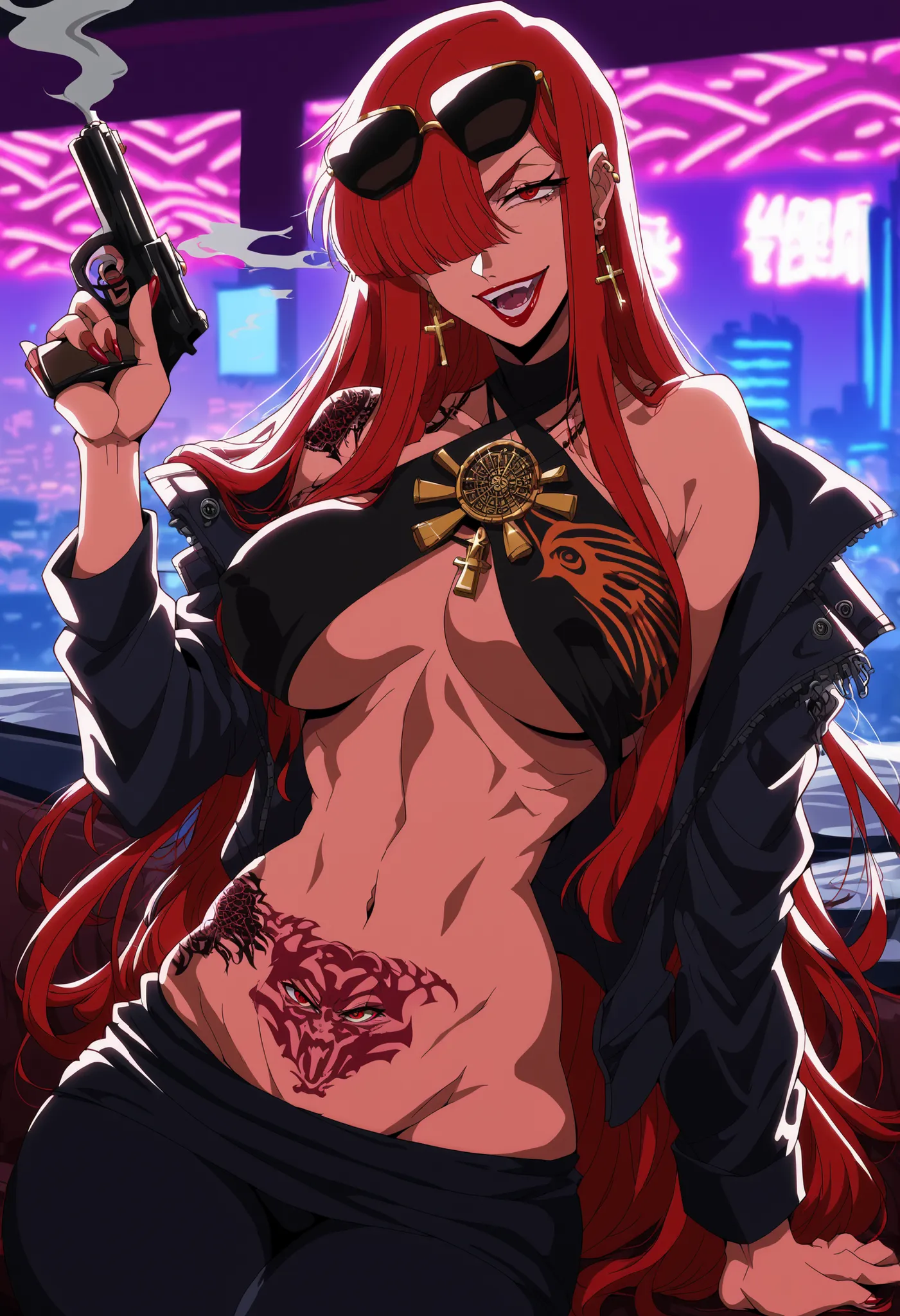 score_9, score_8_up, score_7_up, source_anime,  oda nobunaga maou, hair over one eye, long hair, red eyes, red hair, , ear piercing, long hair, lipstick,Hot girl, baddie, smoking, bad attitude, mean girl, sensual, attractive, ,cross necklace,  pull_down le...