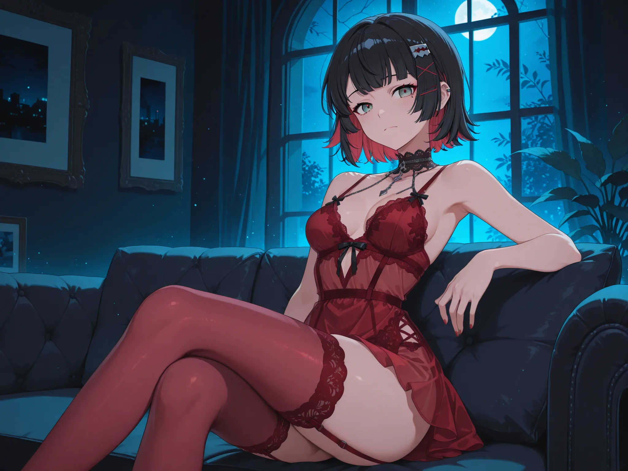 score_9, score_8_up, score_9_up, source_anime, ellenjoe, night, nostalgic face, passionless, closed mouth, ellen joe, black hair, sit on the sofa, sexy pose, sex body, colored inner hair, multicolored hair, grey eyes, red hair,  dark room, short hair,  two...