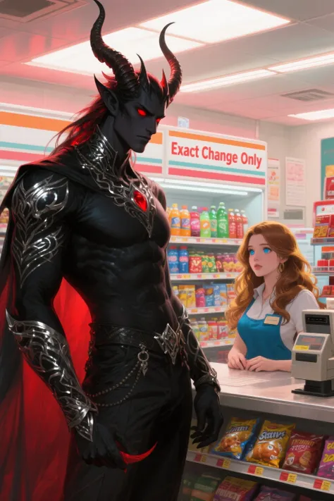 A majestic demon lord, towering at seven feet with obsidian skin that glistens like polished onyx, adorned with intricate silver markings that shimmer in the fluorescent light of the convenience store. His impressive, curved horns sweep back elegantly from his forehead, casting delicate shadows over his sharp, handsome features. He has luminous, ruby-red eyes, filled with both awe and hesitation as he stands shyly in front of a beautiful female cashier, who is striking with her warm, golden-brown hair cascading in soft waves, and bright blue eyes that spark with vibrancy. The setting is a cozy convenience store, shelves stocked with colorful snacks and drinks, bathed in a warm glow from overhead lights. A sign behind the counter that reads "Exact Change Only". The atmosphere is charged with a mix of nervous tension and whimsical charm, as the demon lord fidgets sheepishly, uncertain of his emotions. The colors are rich and saturated, creating a contrasting palette of deep reds and silvers against the soft pastels of the store, enhancing the magical yet awkward moment. The artistic style is hyper-realistic, capturing the nuances of their expressions and the intricate details of the setting in stunning clarity.