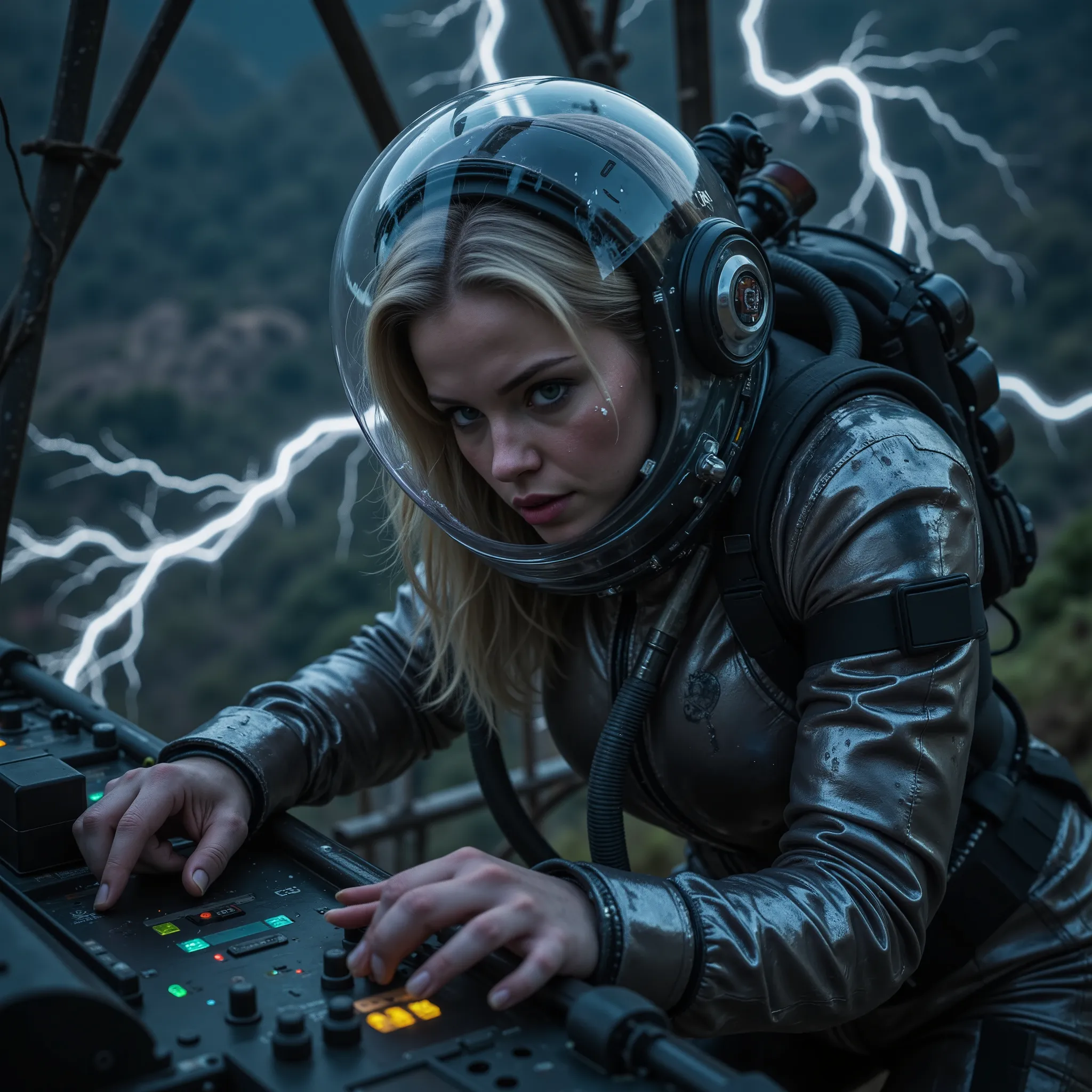 (((ultra sharp cinematic photo, photorealistic close up portrait))) 21 years old beautiful ((((fullbreasted)))) evil ((((blond kagney linn karter)))), ((((hit by electric lightning, covered by electric lightning)))), (((looking into camera))), ((bowing far...