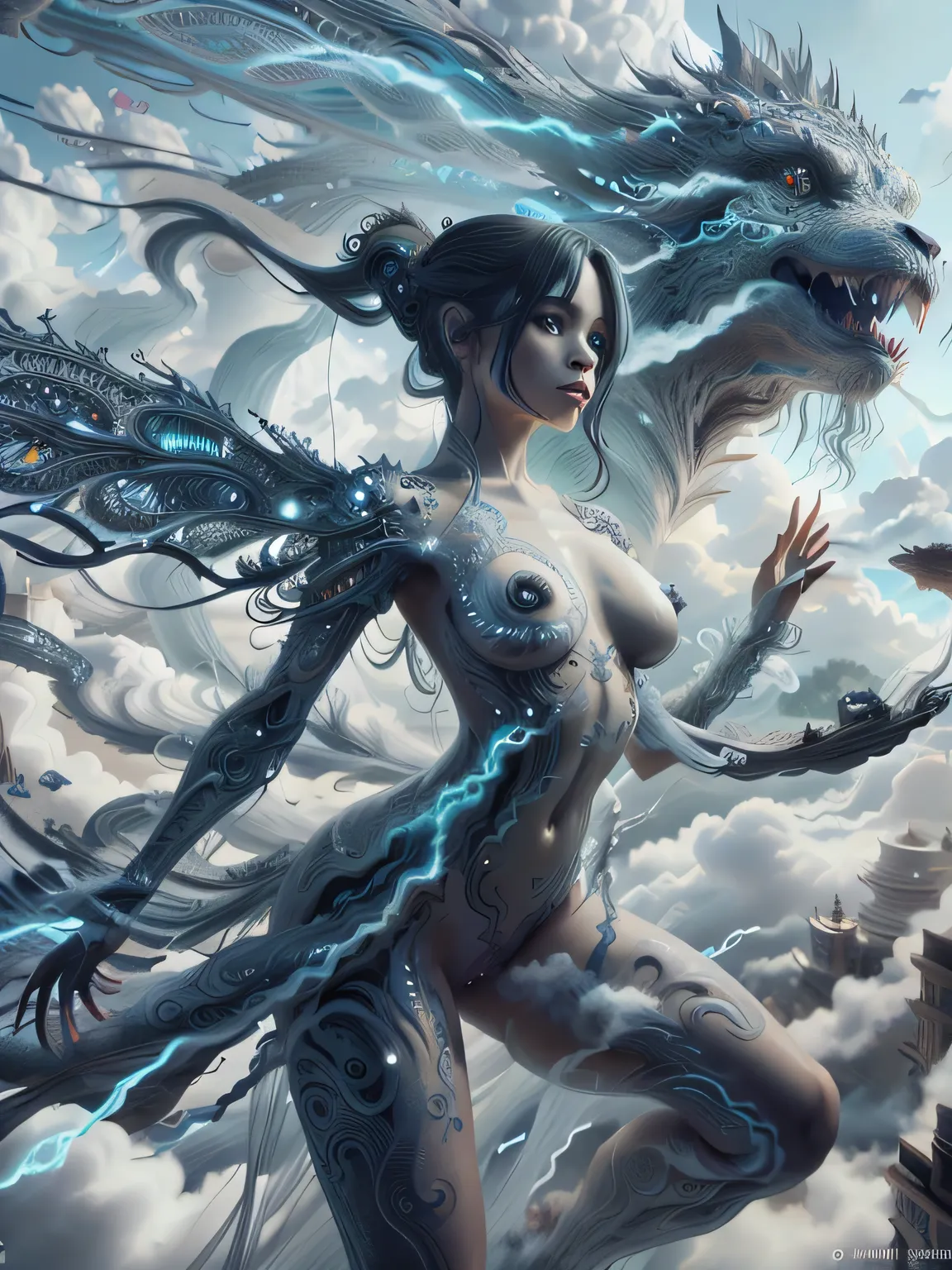 Beautiful Alluring female cloud elemental jenna ortega, Fantasy Theme, smoke Skin, cloud hair, cloud skin, body made of clouds, clouds, swirling smoke hair, cloud and smoke for hair, wirling smoke for skin, laying on the clouds, Barely Clothed, Beautiful D...