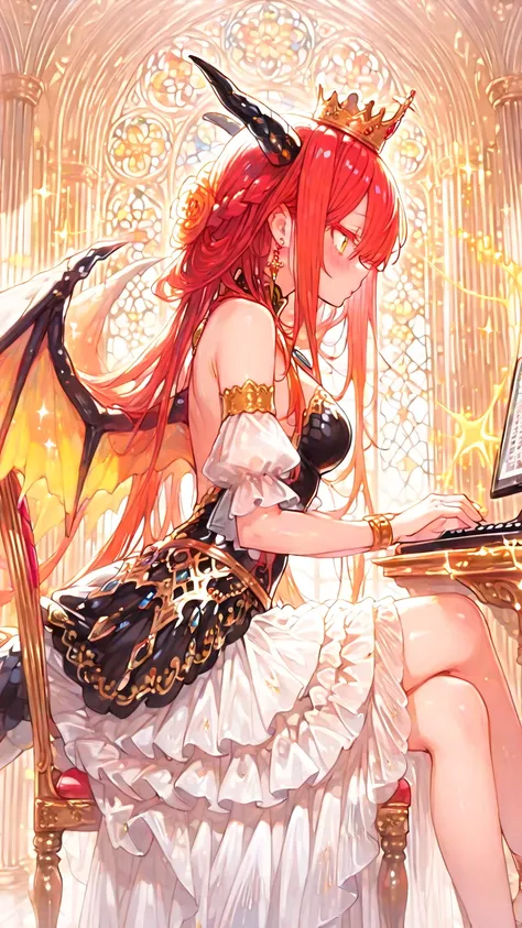 (masterpiece:1.2), (top quality), (beautiful detailed eyes:1.2), ((1 beautiful woman)), (beautiful background:1.2), (highly detailed CG), (ultra detailed), (very detailed and beautiful:1.1), (perfect details:1.1), (stunning illustration),((masterpiece)), ((best quality)), ((ultra-detailed)), (ARTIST:imigimuru :1), 

(girl),  princess, queen, dragon girl, (magic), (glitter), (sparkling), long hair, red hair, big eyes, yellow eyes, red eyelashes, colored eyelashes, , embarrassed,blush, (shiny lips), medium breasts, (ornate crown), (dragon horns), (dragon wings), (dragon tail), (layered dress), royal, scenery, indoors, ballroom, stained glass window, light rays, light particles, bright, (red and yellow and orange theme), starrystarscloudcolorful,,(from side:1.8),(looking at monitor:),(beautiful eyes:),(sitting chair and cross legs:),(typing on keyboad:),AddXL,Perfect Hands