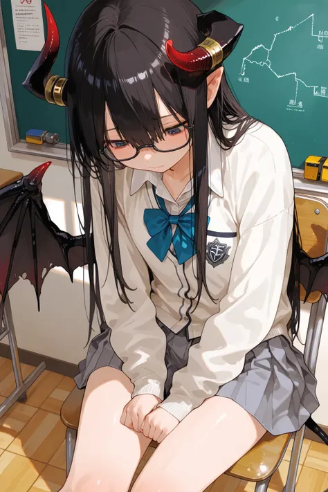 masterpiece, best quality, amazing quality, very aesthetic, newest, 1girl, Nerd Demon King、plain impression、shadows are applied to the face、Squishy long black hair、Demon King&#39;s Horn、Demon King's Wings、school uniform、SI school classroom、教室の一番後ろのmachine、machineに顔を突っ伏して眠る、 shinky 、Looking down、Hide face with arms、machine、the light doesn't shine only on the girl、Front Map、The golden ratio、