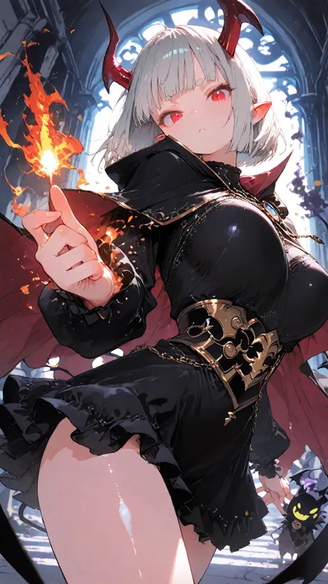 dynamic pose, foreshortening, extreme perspective,masterpiece , 最High Quality , High Quality , very aesthetic , Newest , Scenery , Volume Lighting , depth of field、((Demon King&#39;s Girl)) ,1girl, bob cut,  Silver Hair,bangs、 red eyes、Zitoida 、short eyebrows、Pointed Ears、Devil's Horn、black dress、Black Cloak、black costume、big breasts、SHINY SKIN、Young face、No expression、dynamic poses、standing、(5 anatomically accurate fingers)、((is fighting))、((Manipulating Black Fire))、((Using Fire Magic))、Inside the Demon King's Castle、disaster々Inside Shii Castle、dynamic pose, foreshortening, extreme perspective,