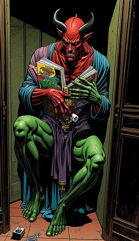 ((the demon king with sharp dark black horns, pointed ears like elves, and a large red, third-eyed dark green body)), (The demon king holding comic books), best quality, masterpiece, 8k, ((the demon king holding his knee:1.8)), ((the scene where the demon king withdraws in the closet and holds his knee and reads comics:1.9)), ((anatomically accurate portrait)), 