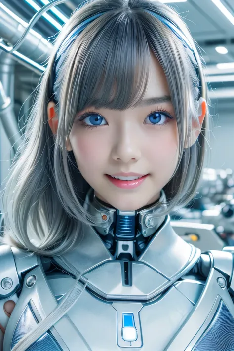 (Top Quality, high res, masterpiece:1.2), Very Detailed, realistic:1.37,(perfect anatomy),1 girl, cowboy shot,a cute and completely beautiful Japanese idol woman, 54 years old, Transform into a cyborg ,slender body,(big smiles),standing,( blue LED contact ...
