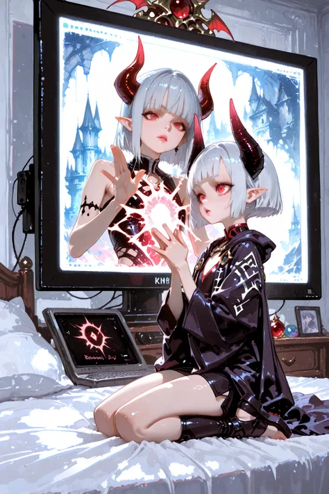 2femboy, demon king, beautiful, sensual, slim body, silver hair, short bob hair, blunt bangs, red eyes, pointy ears, gloss lips, pink lips, flat chest, thin waist, black decorated robes, numerous accessories, demon horns, tiaras, toeless footwear, wide eyes, parted lips, own hands clasped, looking at monitor screen, seiza on bed, BREAK another femboy, image on monitor screen shows someone waving hands and passionately talking about something, BREAK Inside demon king's castle, bed room, wide shot, from side, BREAK beautiful and detailed skin, detailed face and eyes, perfect body and limbs, perfect hands and fingers, BREAK, Professional artistic technique, watercolor anime, Very accurate drawing, realism, Solemn and profound atmosphere, mood lighting, natural shadow, BREAK Masterpiece, Ultra High Quality, hyper detailed, Ultra High Resolution, Soft Saturation, Professional Quality, Perfect contrast, sharpness, XCYP Lady Hand, Lady Hand
