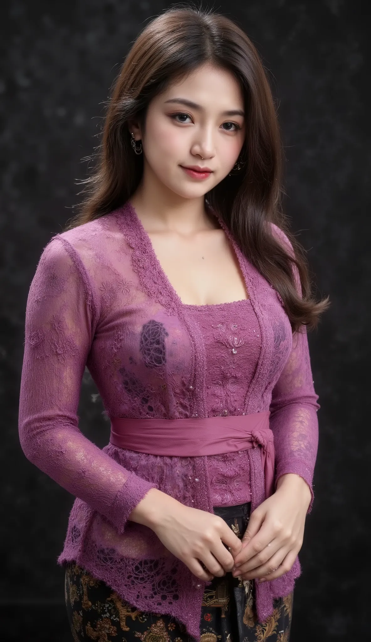  cute japanese woman (wear purple kebaya), amorous and lewd face, messy wavy long brown hair, forehead, make-up, grey eyes, superlative body proportion, hoop earring, nose pierce, covered in tattoos, wearing black loose shirt, like k-pop star, she looked f...