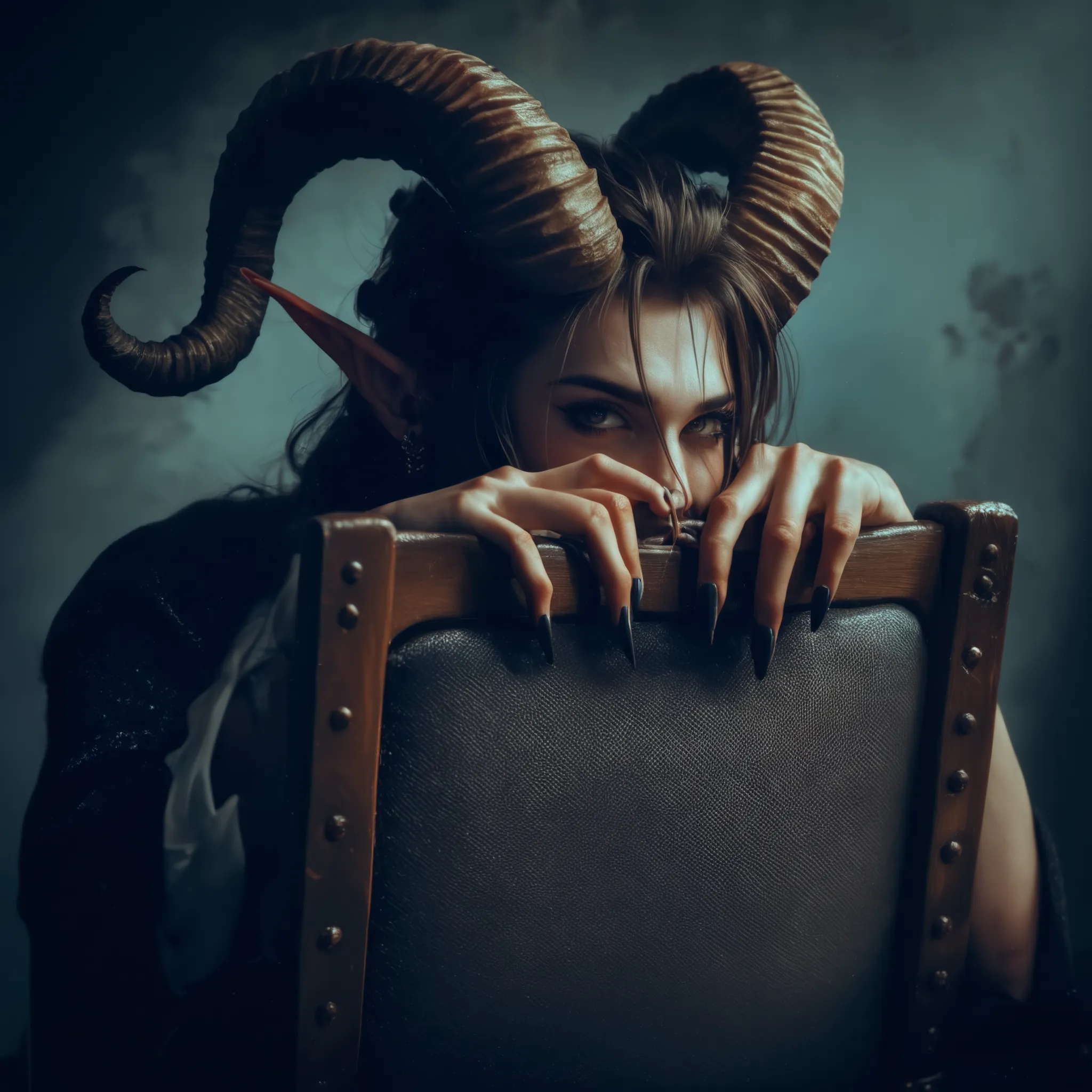 Realistic image、realistic photos、realistic skin texture、The shy demon king、is an emotional, dark image hiding in the shadow of a chair、Fantasy、Images that make you feel the story