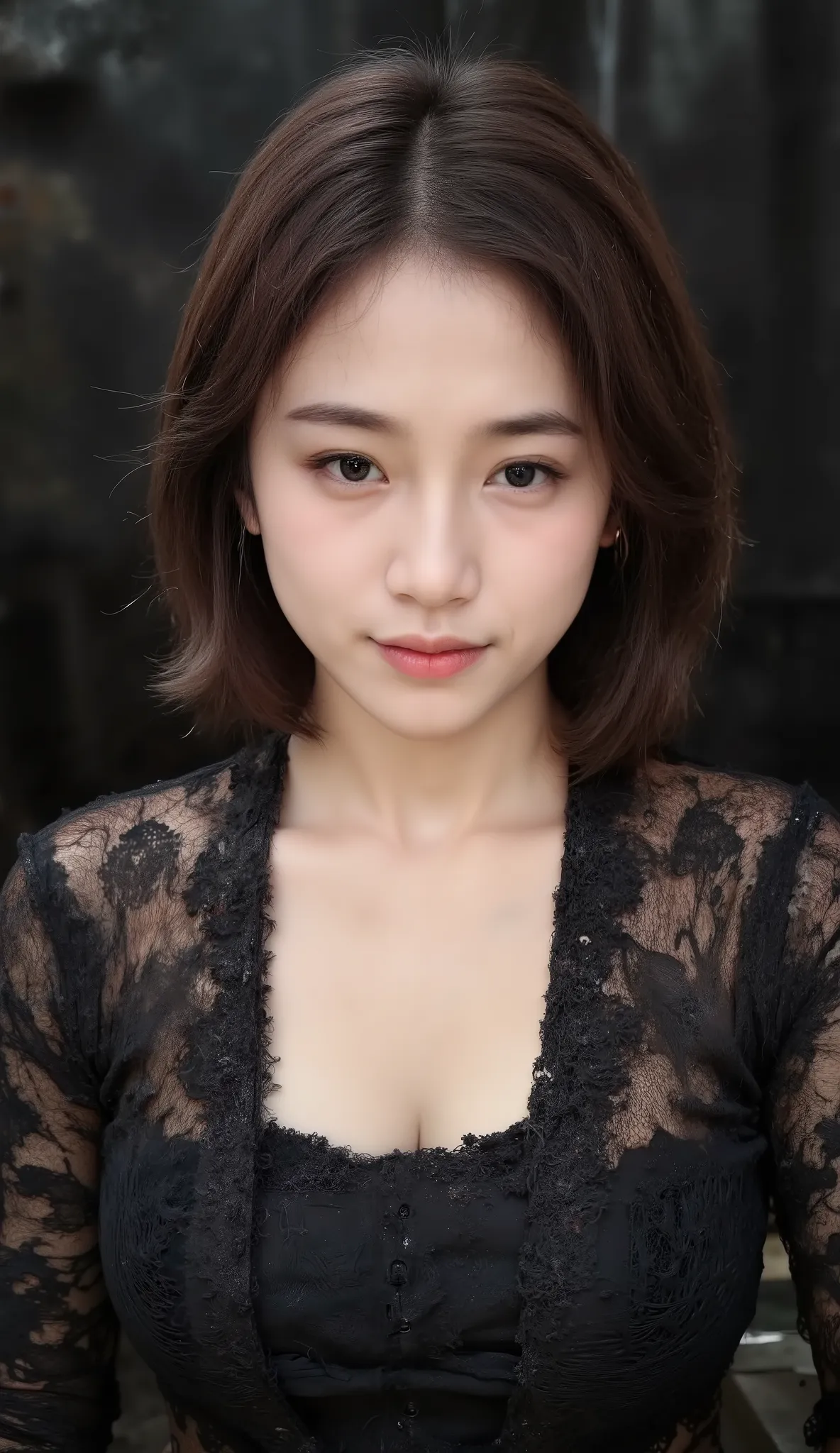  cute japanese woman (wear blue kebaya), amorous and lewd face, messy wavy long brown hair, forehead, make-up, grey eyes, superlative body proportion, hoop earring, nose pierce, covered in tattoos, wearing black loose shirt, like k-pop star, she looked fli...