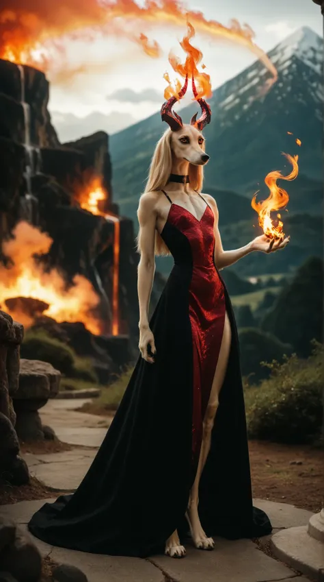 demonic girl standing wearing flaming crown a dress made of flames. Set against an volcano and red skies backdrop that is covered in flames. saluki, greyhound, borzoi, sighthound, beautiful eyes, golden eyes, paws, (black fur), flat chest