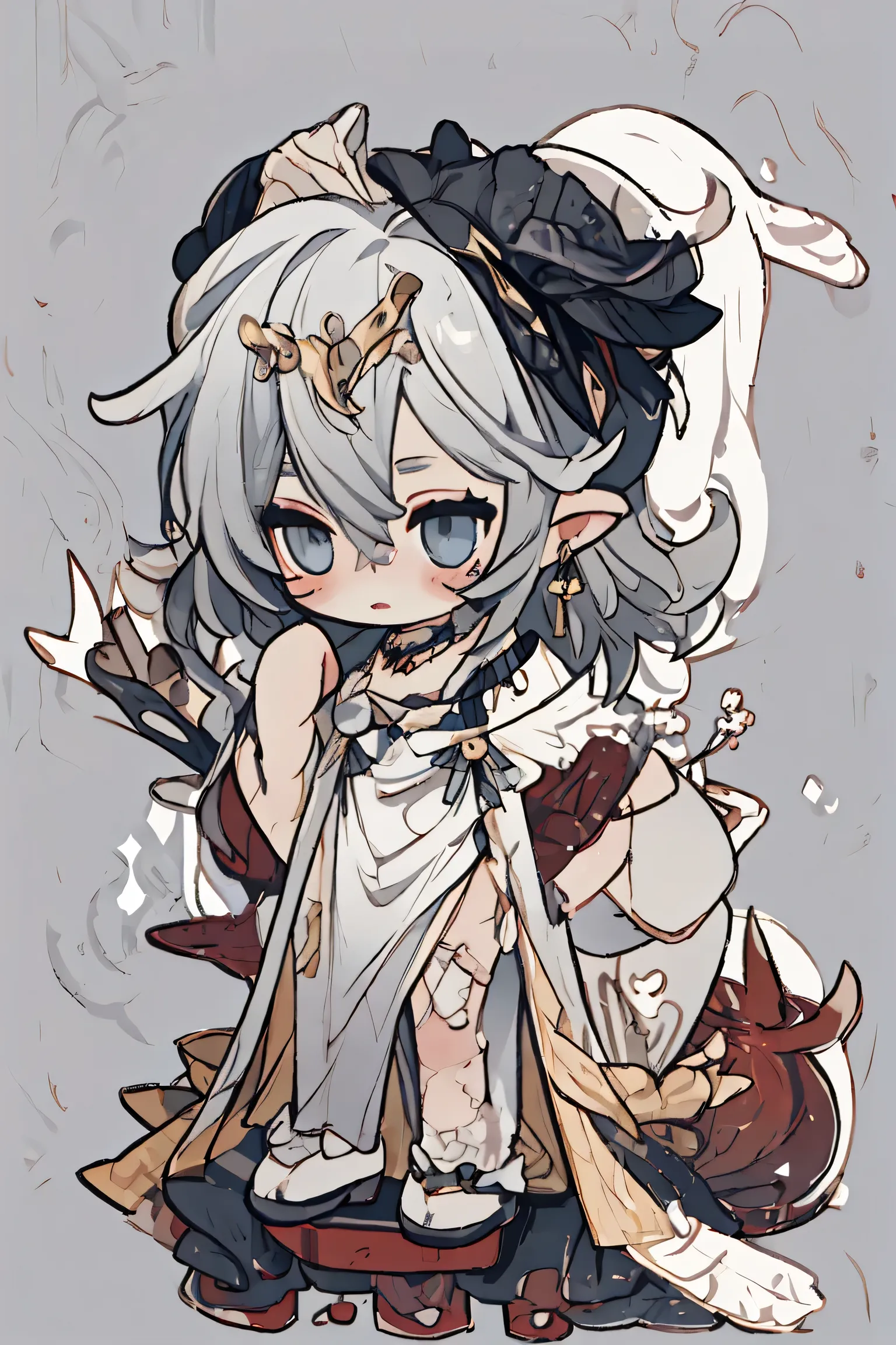 A shy little demon king child, appearing around 5 to 7 years old. He is in a grand throne room but hides behind a large pillar, peeking out nervously instead of sitting on the lavish throne. He is dressed in an oversized royal outfit—an ornate cloak, a gol...