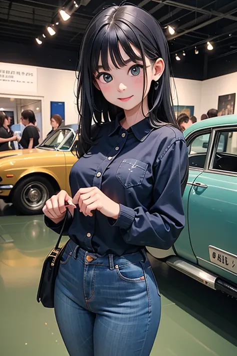 young girls,1girl,1 person、Normal Breasts、horizontal、upper body、level、beauties、cute girl、Jeans、Full Body、((classic car exhibition、I'm watching with interest)),Background、(the museum with almost no light)