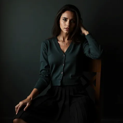 Ultra-realistic indoor portrait of an elegant woman sitting on a wooden chair against a dark textured wall. She has fair skin, long dark wavy hair loosely styled, and striking light-colored eyes. She is wearing a tight teal button-up cardigan with a deep ...