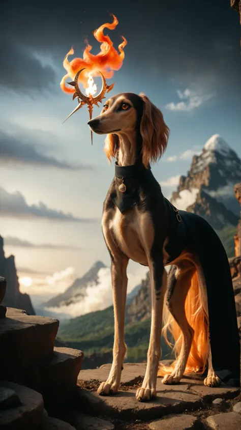 girl standing wearing flaming crown and a regal dress. Set against a volcano with red skies backdrop that is covered in flames. saluki, greyhound, borzoi, sighthound, beautiful eyes, golden eyes, paws, (black fur), flat chest, monsterlora