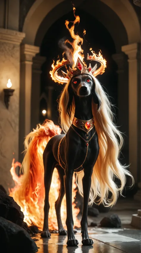 girl standing wearing flaming crown and a regal dress. Set inside a volcano with red skies backdrop that is covered in flames. saluki, greyhound, borzoi, sighthound, beautiful eyes, glowing eyes, paws, (black fur), flat chest, monsterlora, giant fire demon