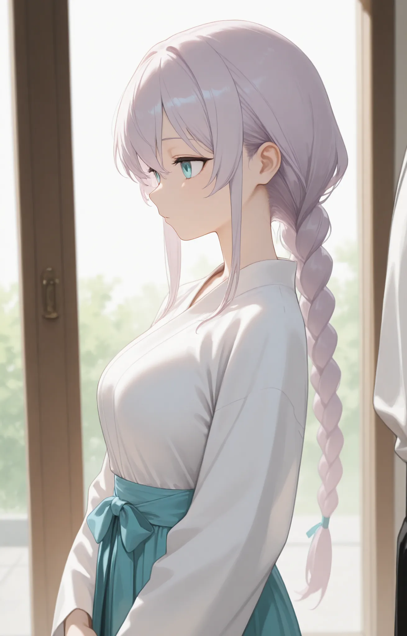 Masterpiece, good resolution, HD Quality, newest. good anatomy. good lighting, safe. beautiful, anime, Japanese girl, soft features. Light Lavender Hair,  Long braided hair, Hairstyle.  aqua-blue eyes . piel clara, Medium Breasts Size D, slim build. He is ...