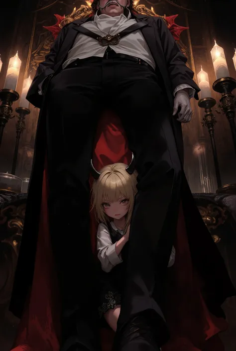 masterpiece, best quality, high quality, newest, highres, absurdres,
1girl, solo, devil girl, demon child, shy, hiding, blush, nervous expression, golden eyes, blonde hair, black horns, sharp canines, yaeba, 12yo, long hair, blunt bangs, ornate black dres...