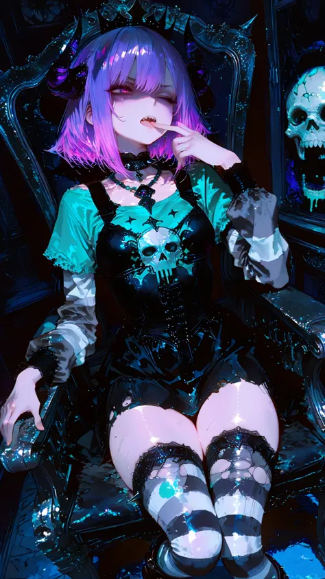 Gaz Membrane \(Invader Zim\) a youth girl with purple hair sitting on a throne and playing video games , looking at something in the distance very angry , and wears a crown as if it were melting, Her expression is hesitant and unsure, slightly frowning, ...