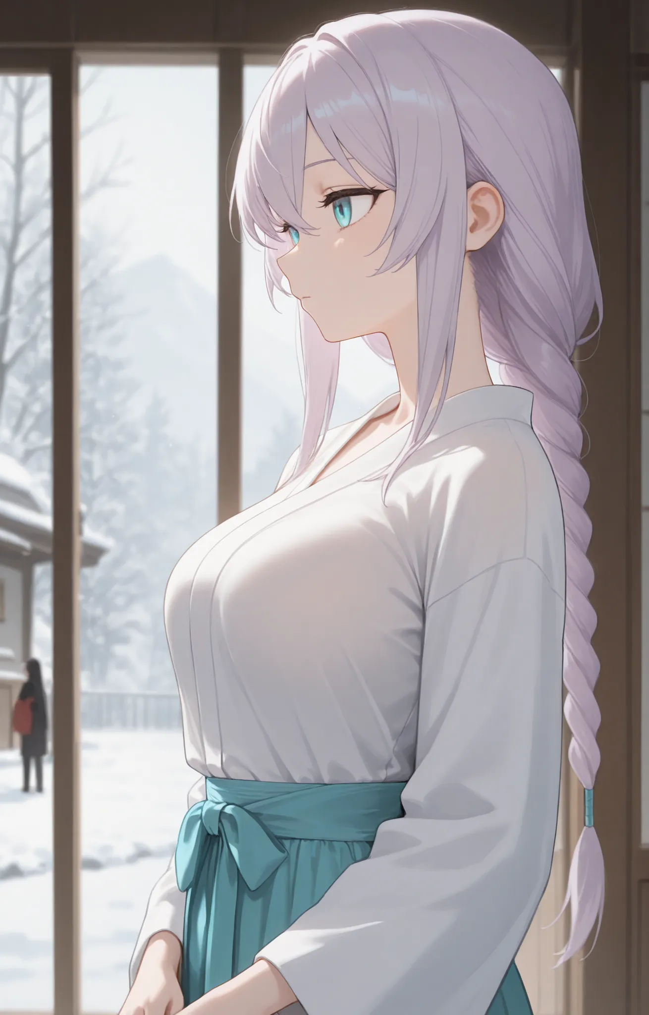 Masterpiece, good resolution, HD Quality, newest. good anatomy. good lighting, safe. beautiful, anime, Japanese girl, soft features. Light Lavender Hair,  Long braided hair, Hairstyle.  aqua-blue eyes . piel clara, Medium Breasts Size D, slim build. He is ...