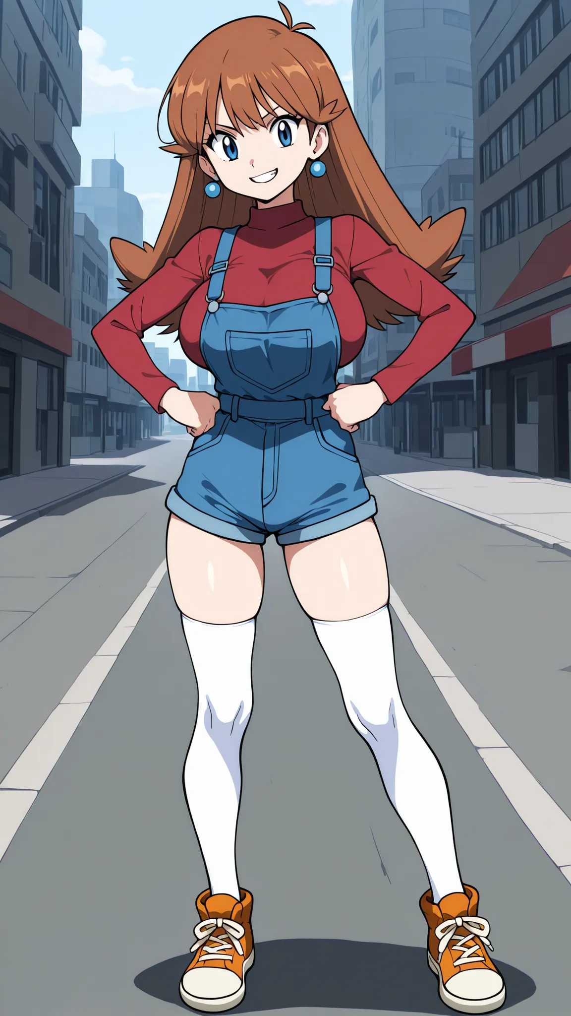 adult older sister, Tall, big boobs, slim sexy body that can be licked by mobs, jam one's hands on one's hips, orange sneakers with hee-cups, bare hands, red long sleeve knitted shirt, blue overalls denim overalls, white knee-high stockings, Absolute regio...