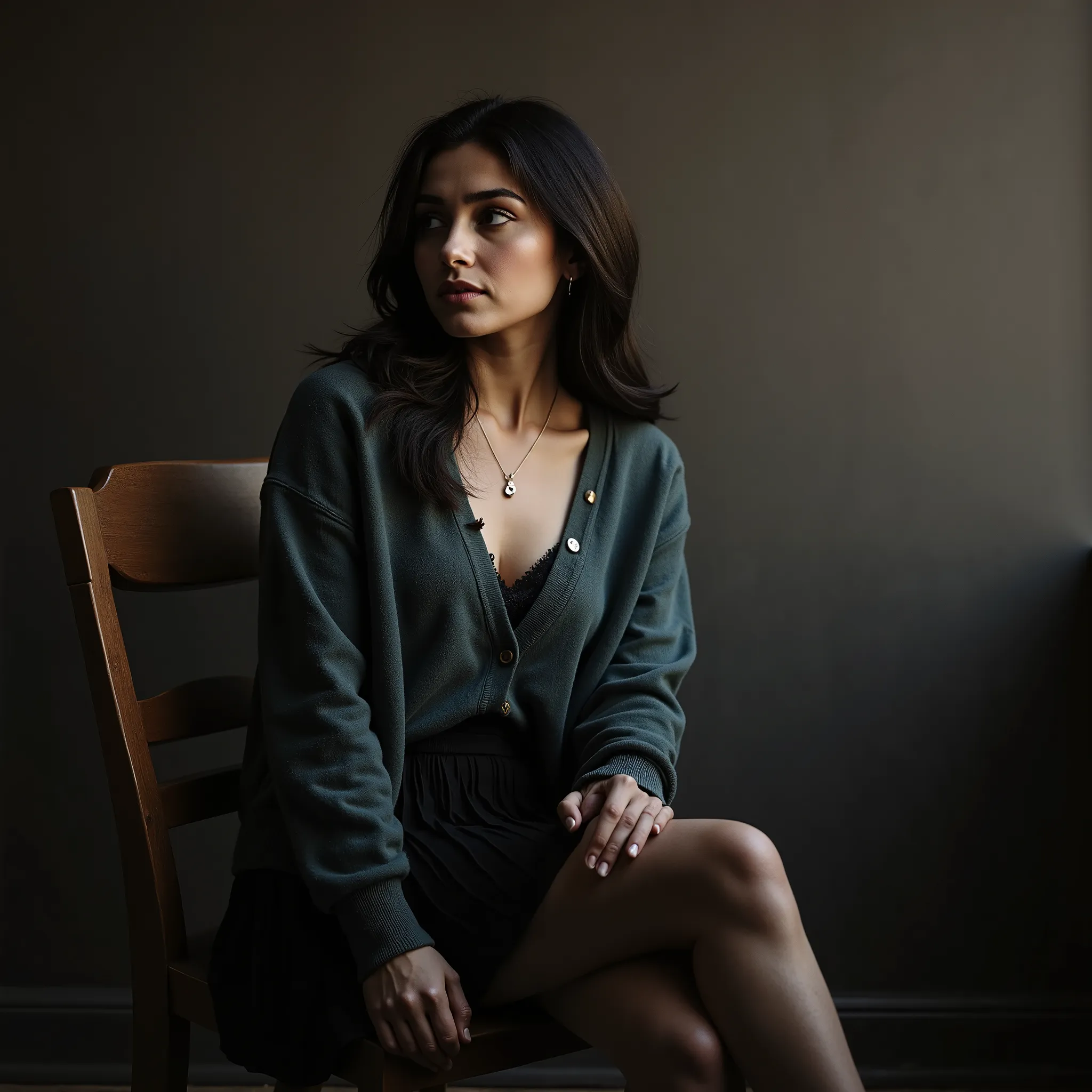 Ultra-realistic portrait of a beautiful woman sitting thoughtfully on a wooden chair against a textured dark gray wall. She has long, slightly tousled black hair and striking light-colored eyes, gazing contemplatively to the side. She wears a deep teal but...