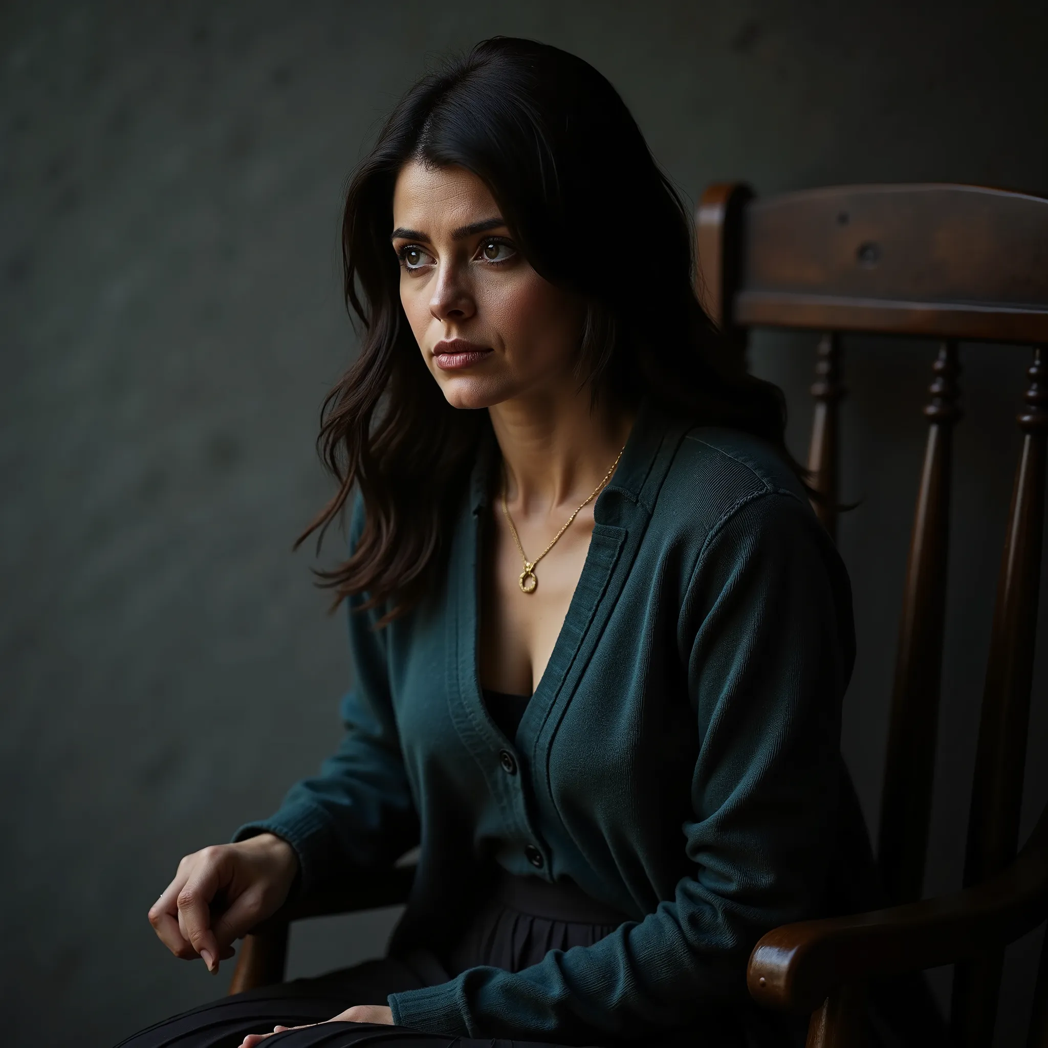 Ultra-realistic portrait of a beautiful woman sitting thoughtfully on a wooden chair against a textured dark gray wall. She has long, slightly tousled black hair and striking light-colored eyes, gazing contemplatively to the side. She wears a deep teal but...