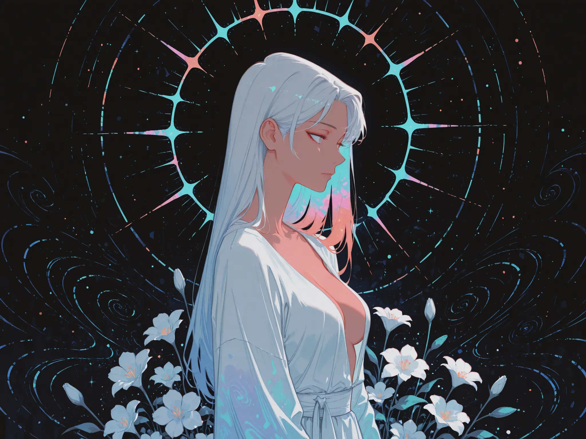 :::((Abstract)) painting of a stunning beautiful woman ,subtle colors, minimalist, faint, , beautiful woman with long hair ultra detailed, , fantastic , flowers,
