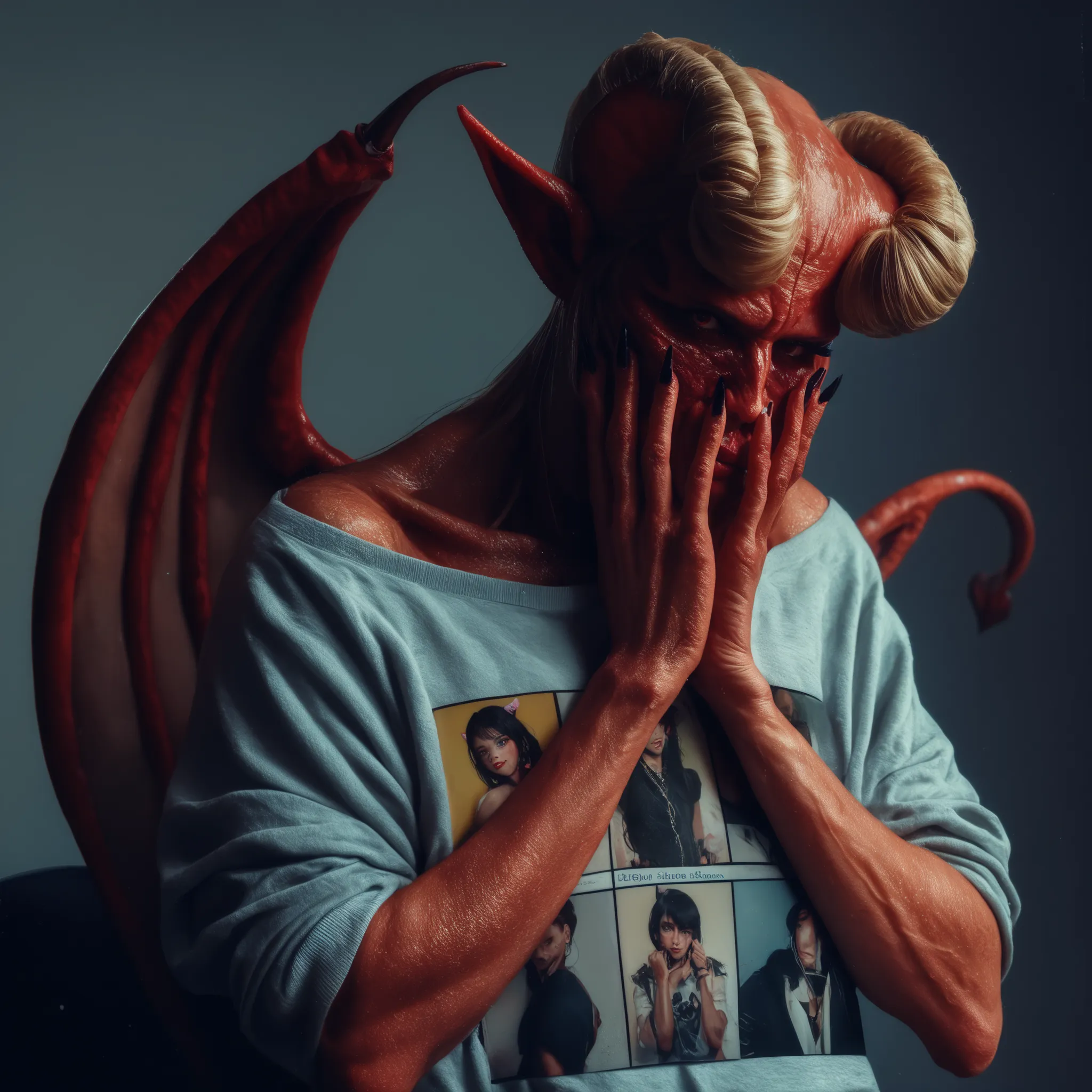 Realistic image、realistic photos、realistic skin texture、Otaku Demon King who is shy、wearing a T-shirt with a Moe E、emotional and dark image、Fantasy、Images that make you feel the story
