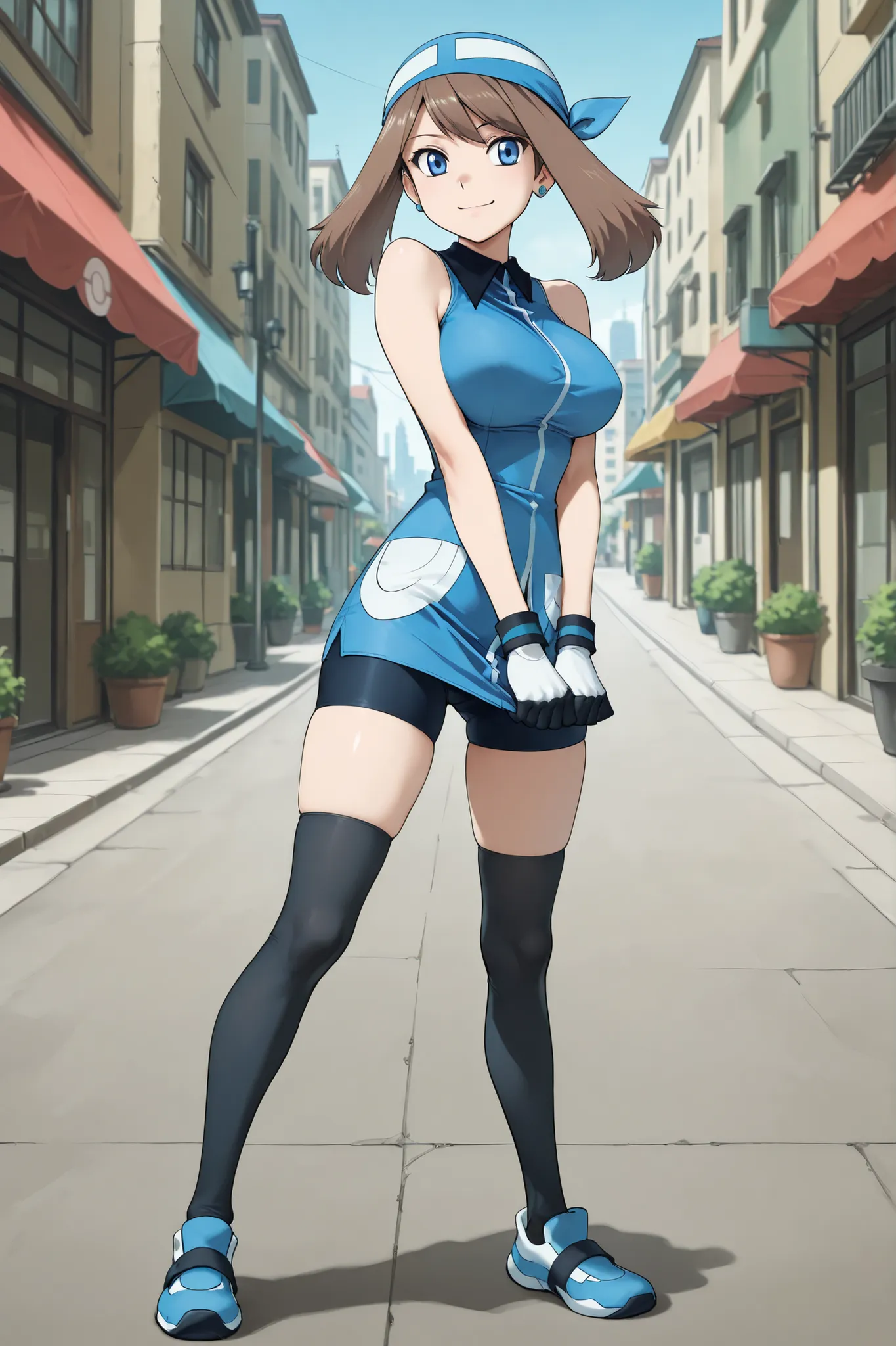 adult older sister, Tall, big boobs, Place both hands on your crotch, black knee-high stockings, Absolute region, thighs, Blue shoes, blue bandana, blue sleeveless tunic, Miwaki, black mini bike shorts, gloves, ((top quality)), ((masterpiece)), ((details))...