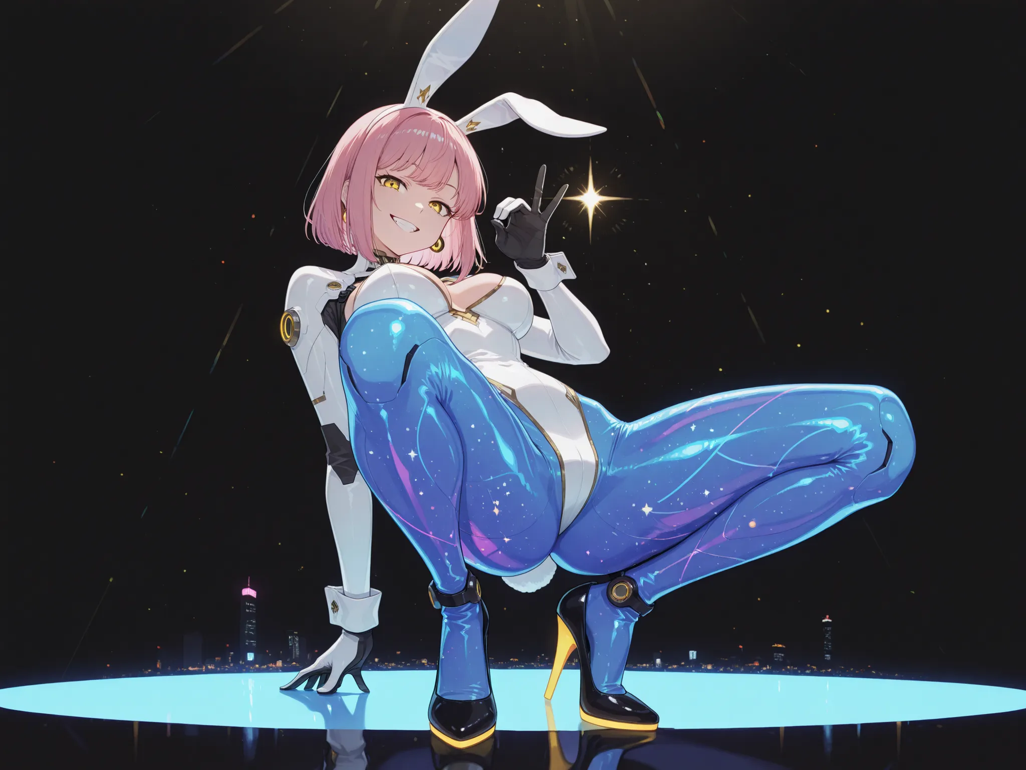 1 beautiful lady in a mecha suit, bunny ear, Pantyhose, high heels, Slim Body, jumping pose
grin face, Yellow Eyes, Pink hair, 
Neon light, Night City
high-quality, Reality, Beautiful light, Full Details, black background，
Dynamic light, Cinematic light, s...