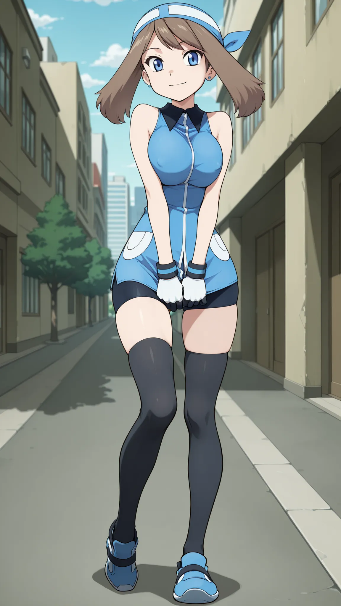 adult older sister, Tall, big boobs, Place your hands on your crotch, black knee-high stockings, Absolute region, thighs, Blue shoes, blue bandana, blue sleeveless tunic, Miwaki, black mini bike shorts, gloves, ((top quality)), ((masterpiece)), ((details))...