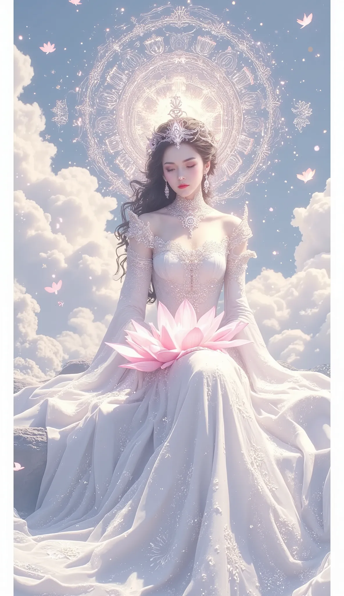 The princess sitting on the lotus in the white sky 、aesthetic、Mandala in the background、front、dark haired、beautiful、details、top quality、ripple、