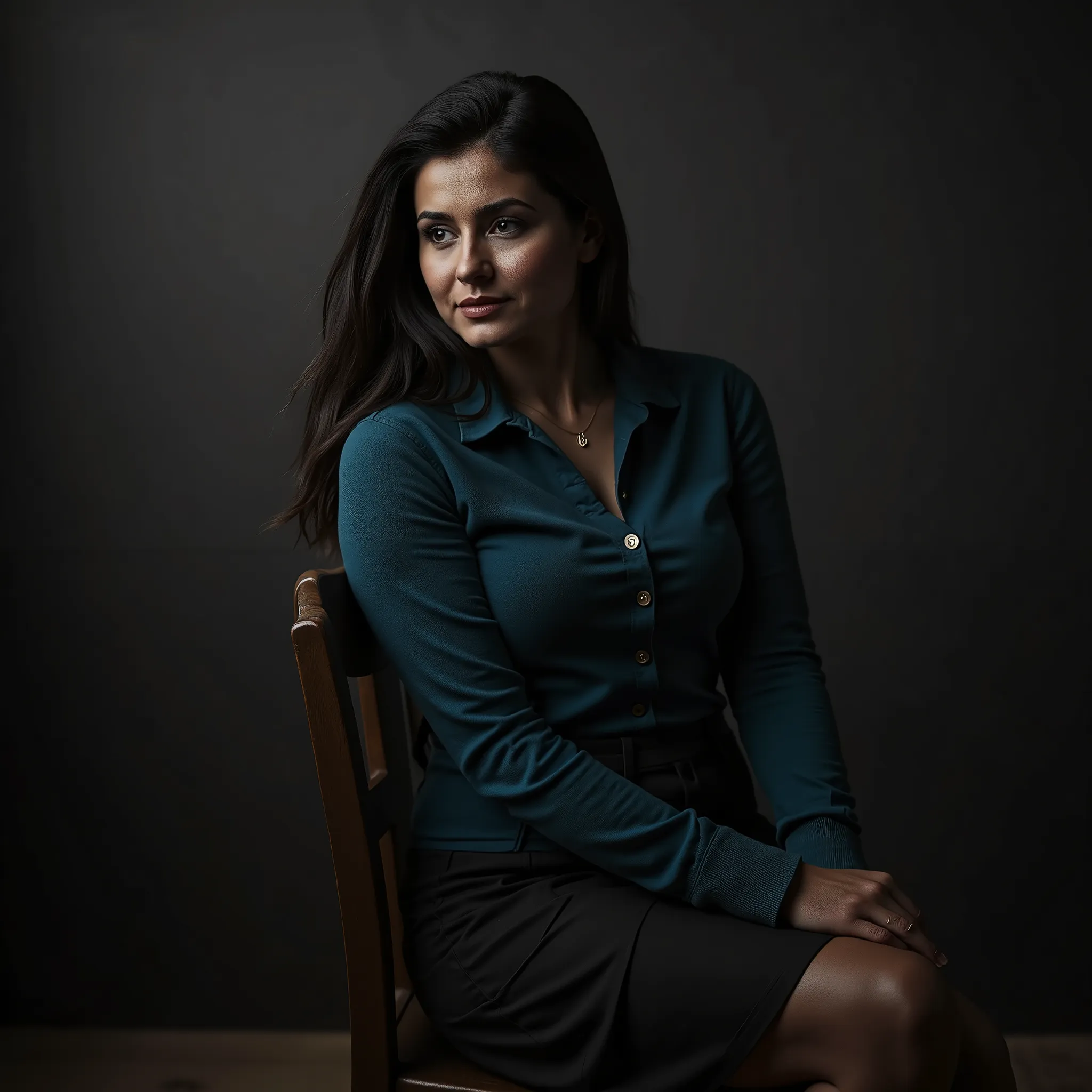 Ultra-realistic portrait of a beautiful woman sitting thoughtfully on a wooden chair against a textured dark gray wall. She has long, slightly tousled black hair and striking light-colored eyes, gazing contemplatively to the side. She wears a deep teal but...