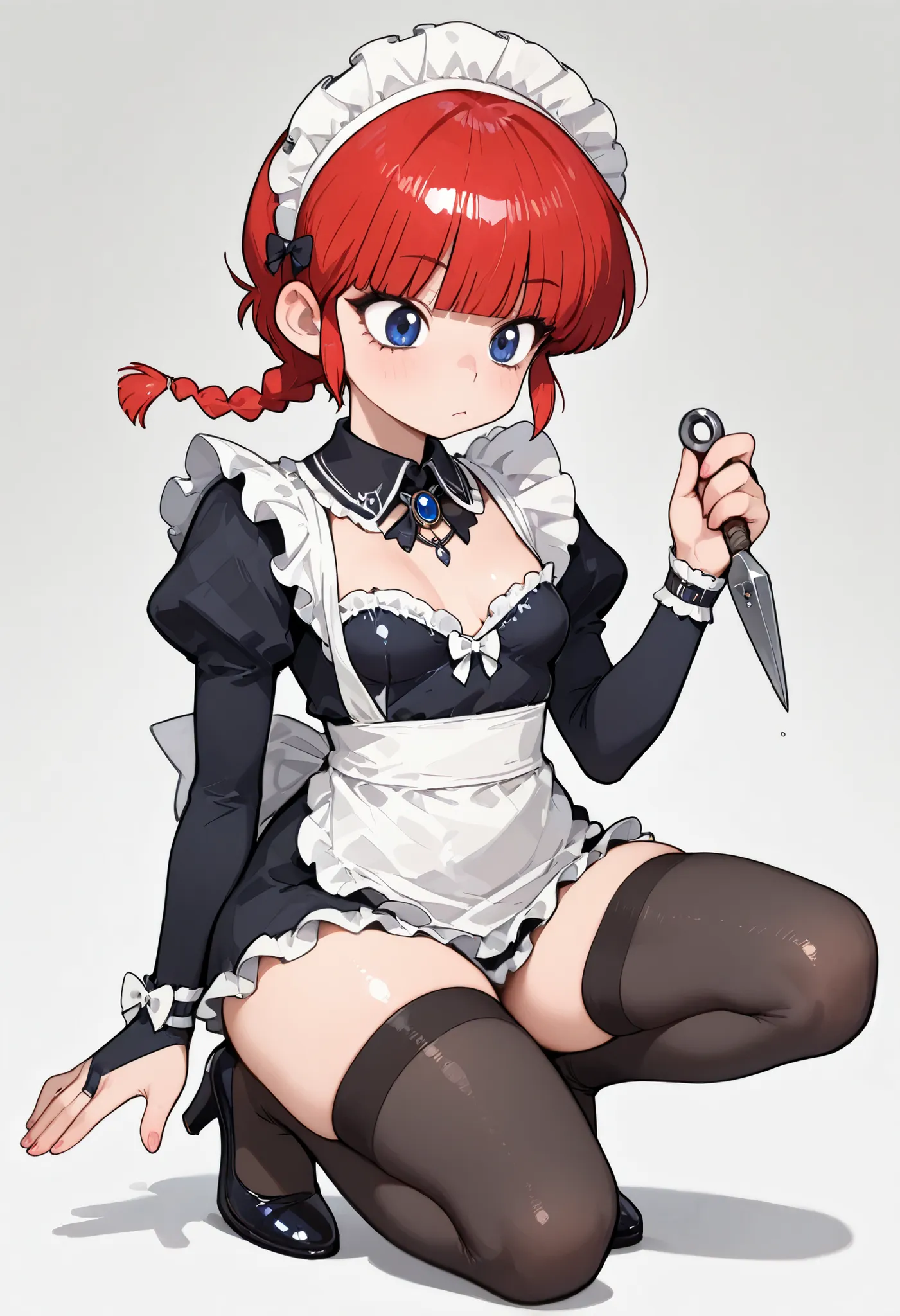 Ranma Saotome. red hair. blue eyes. braid. small breasts. wide hips. necklace. black eyeliner. pink manicure. |   masterpiece, best quality, absurdres, highres, newest, 1girl, solo, sidelocks, blunt bangs, maid headdress, black feathered collar, blue brooc...
