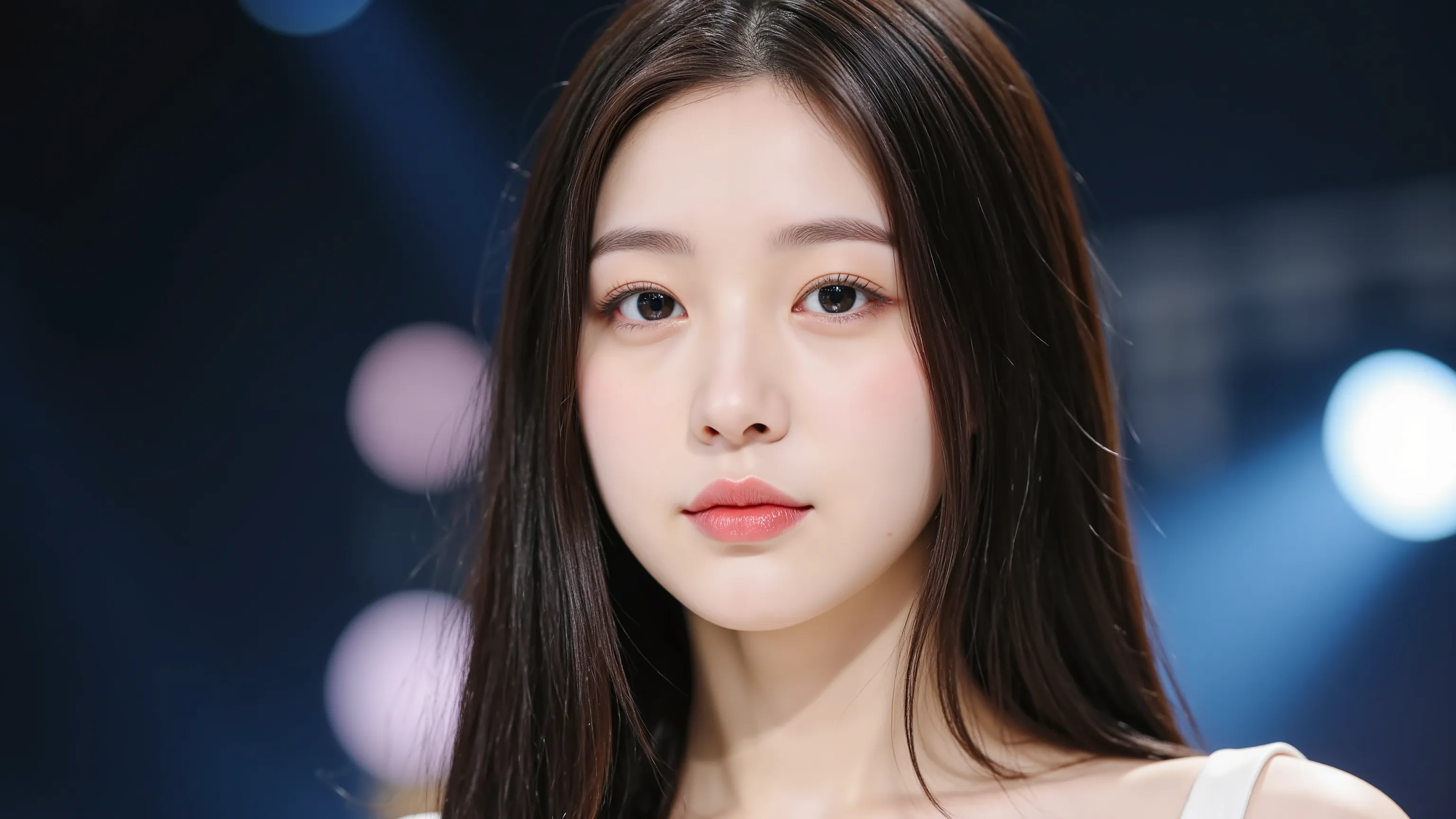 a shoulder-up candid photo of a 20-year-old Korean woman on a real concert stage, photographed with a DSLR, natural lighting, detailed skin texture, soft background blur, minimal or stage makeup, unique facial features, ultra photorealistic, not digital ar...