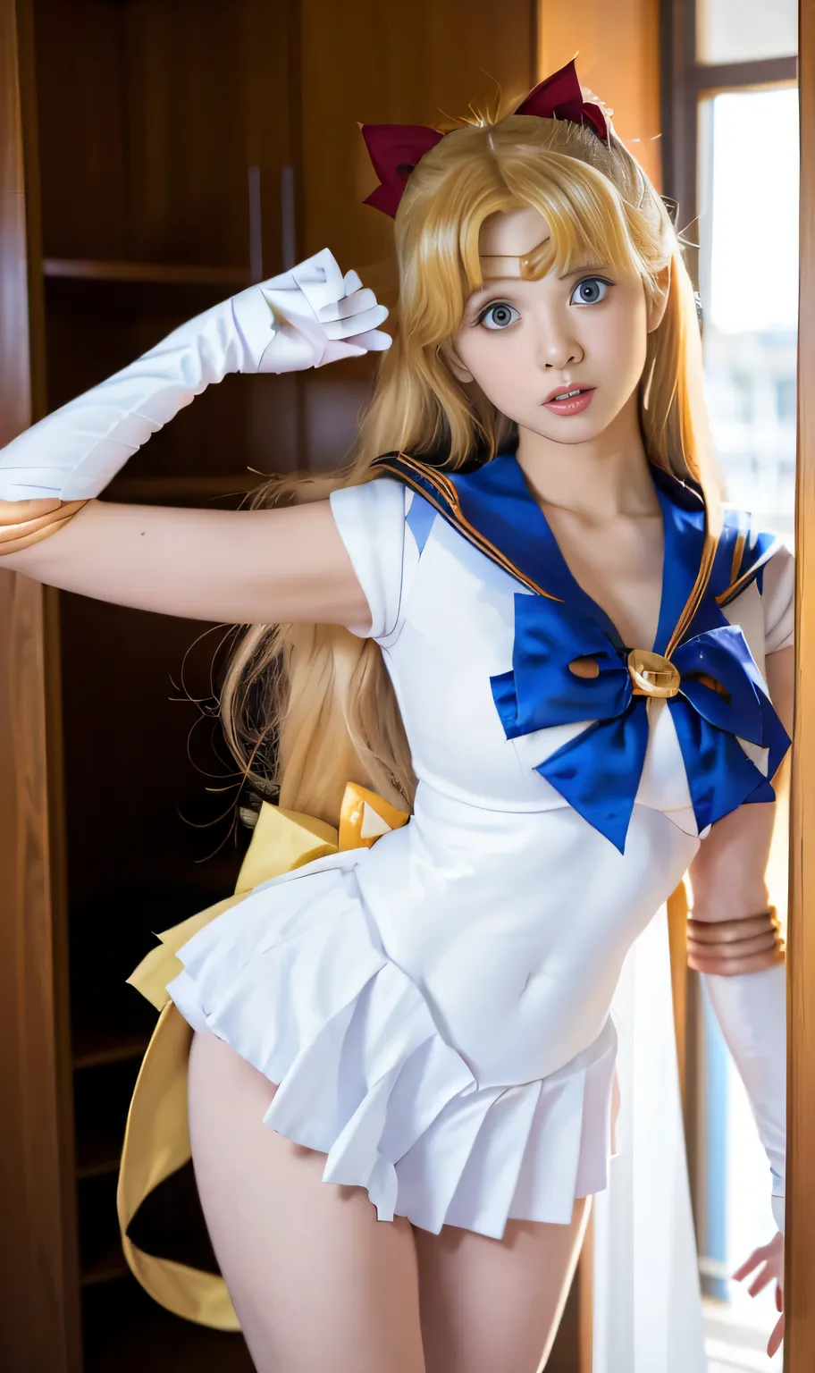 best quality、Real photo、Sailor Venus、Arab women in costumes are posing for a photo shoot, Sailor Venus、sexy、 beautiful  facial features、Ayaka cosplay, Sailor Galaxia.  beautiful , cosplay, by Sailor Moon, アニメガールcosplay, Anime cosplay, 広告用cosplay, Sailor Mo...