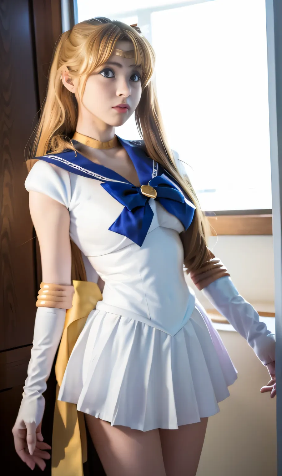 best quality、Real photo、Sailor Venus、Sailor Venusコスチュームを着た女性が写真撮影でポーズをとっている, orange miniskirt、Sailor Venus、sexy、 beautiful  facial features、Ayaka cosplay, Sailor Galaxia.  beautiful , cosplay, by Sailor Moon, アニメガールcosplay, Anime cosplay, 広告用cosplay, Sailo...