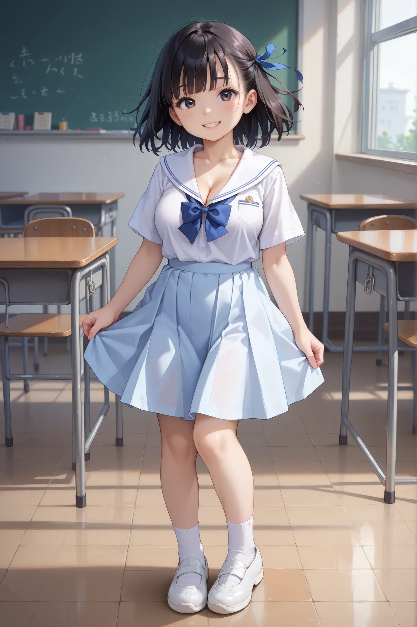 score_9, score_8_up, score_7_up, source_anime, masterpiece, highest quality, young girl, black eye, black hair, short sleeve, cleavage, school ribbon, large breasts, white socks, white shoes, in classroom, wind blows, smile, full body