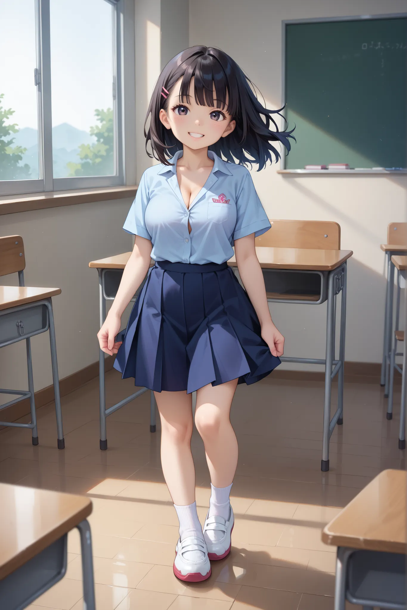 score_9, score_8_up, score_7_up, source_anime, masterpiece, highest quality, young girl, black eye, black hair, short sleeve, cleavage, school ribbon, large breasts, white socks, white shoes, in classroom, wind blows, smile, full body
