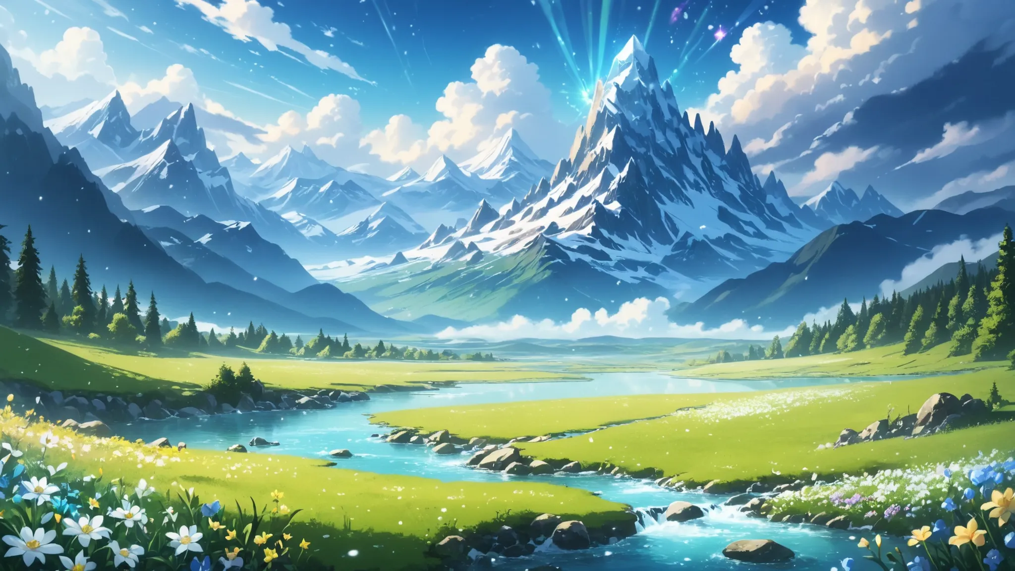 a breathtaking fantasy landscape with vast green meadows, floating islands in the sky, crystal-clear rivers, glowing flowers, distant snow-capped mountains, magical light beams falling from the sky, soft clouds, serene and ethereal atmosphere, ultra detail...