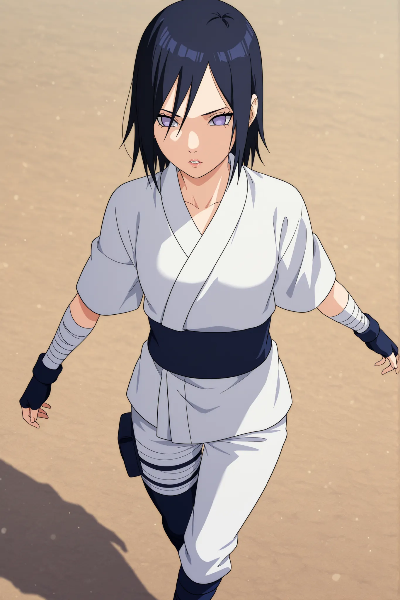 (((IZUMI NASE)))) walking confidently through a war field. The art style should closely match that of Naruto or similar shounen anime, with clean linework and soft shading. ((Solo)), traditional white kimono with layered leg accessories (bandages, thigh po...