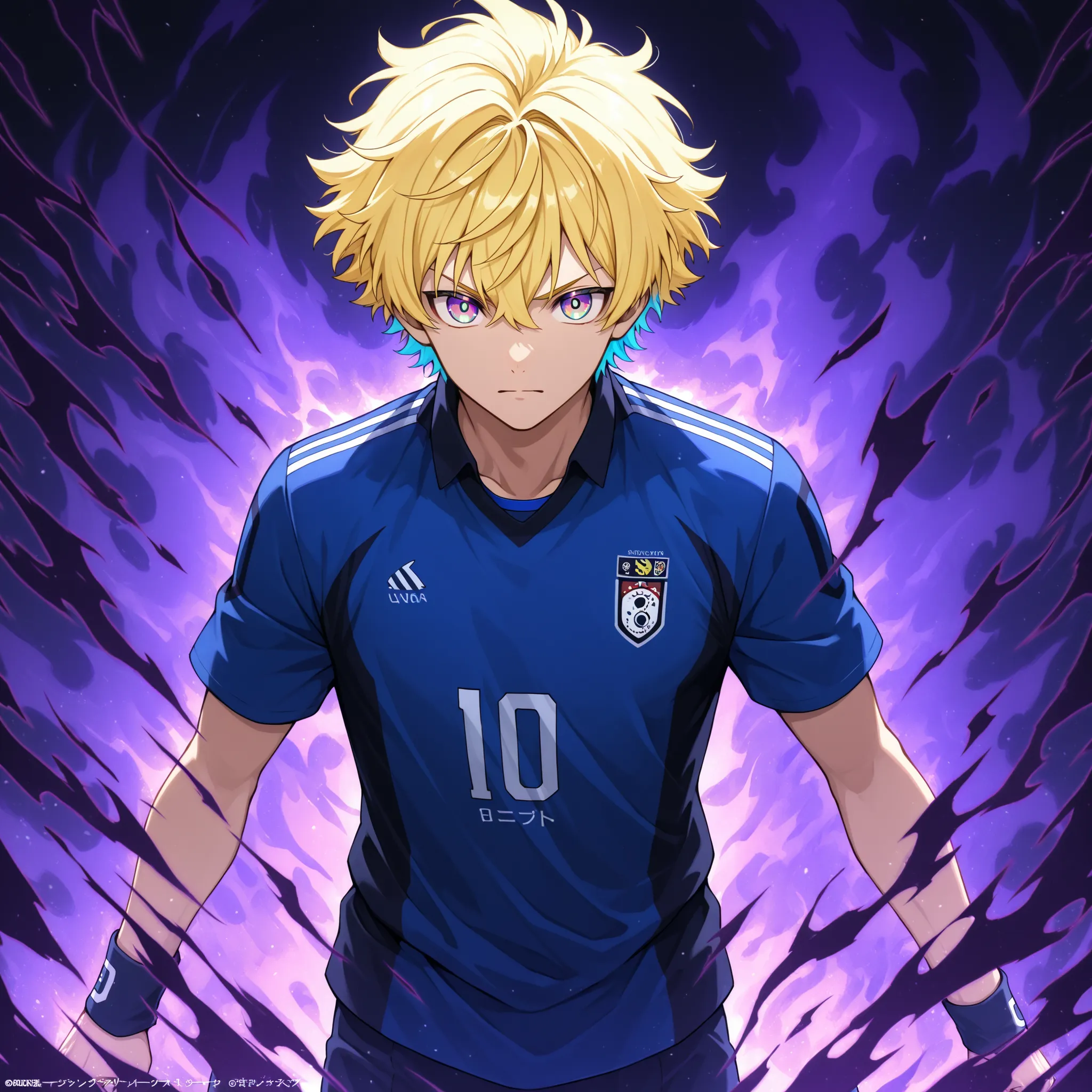 dark aura,blue_lock_style,anime boy, soccer uniform ,shirt number 10, blond hair ,blue highlights, multicolored eyes , aura of numbers