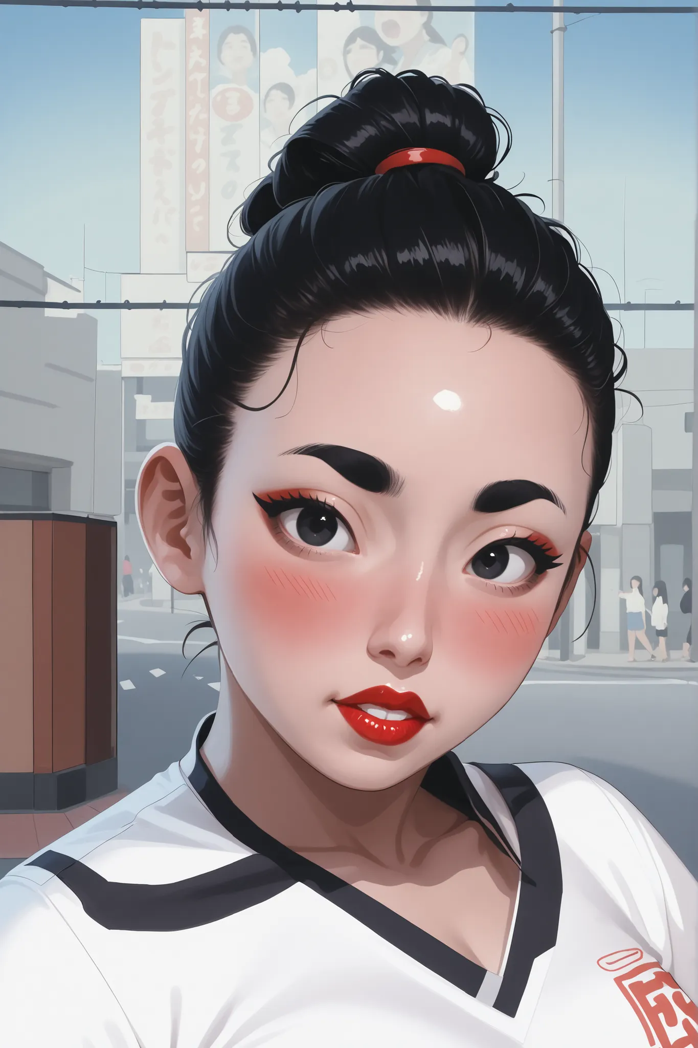 (perfect face), (female asian, face asian), (big top knot hair), black hair, black eyebrows, normal eyebrows, black eyeliners, black eyes, blush, bright red lips, v-neck shirt, white v-neck shirt, medium breasts, (blue sky, street, tokyo, japanese)